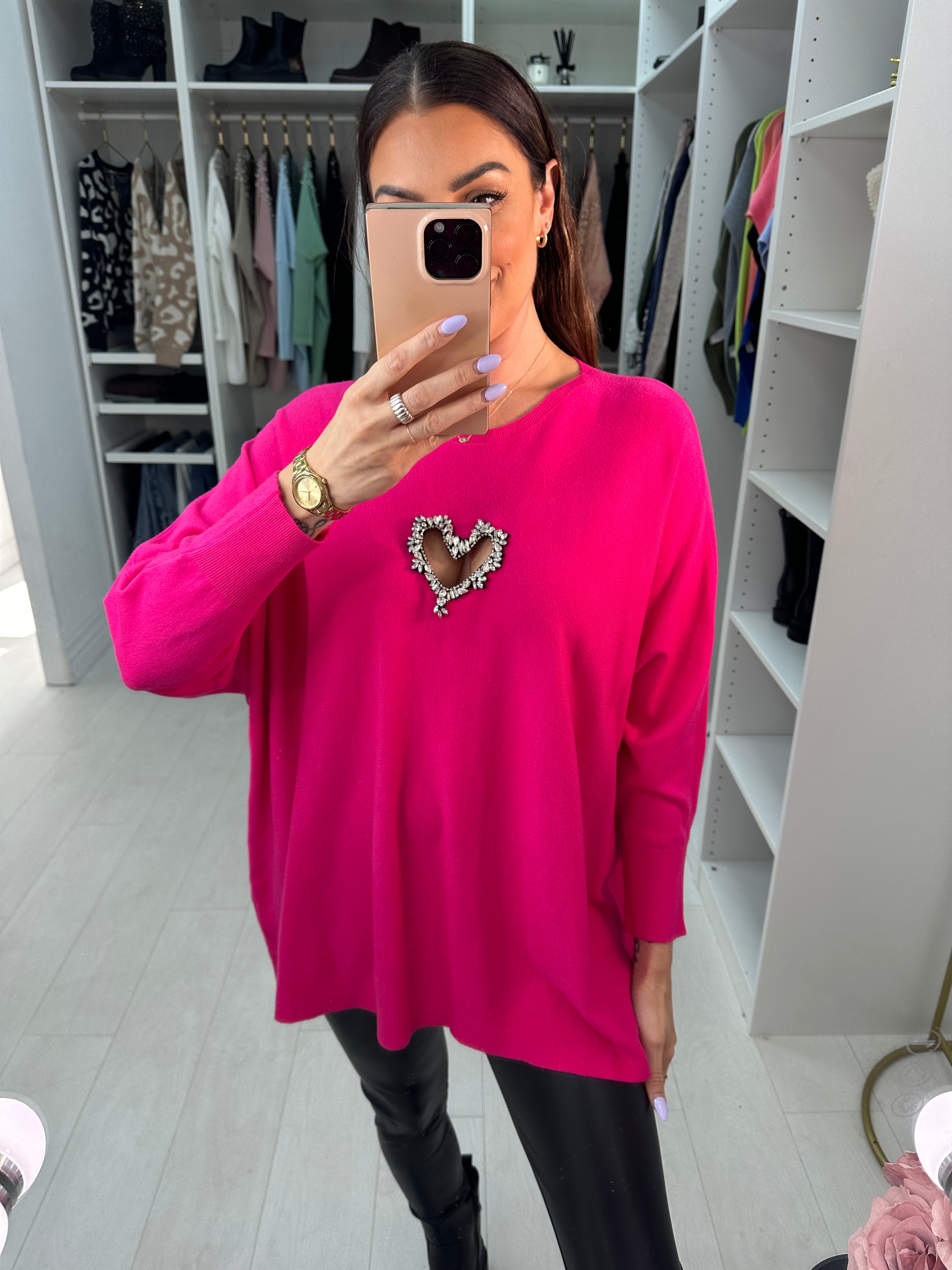 Rose Diamante Cut Out Heart Detail Jumper