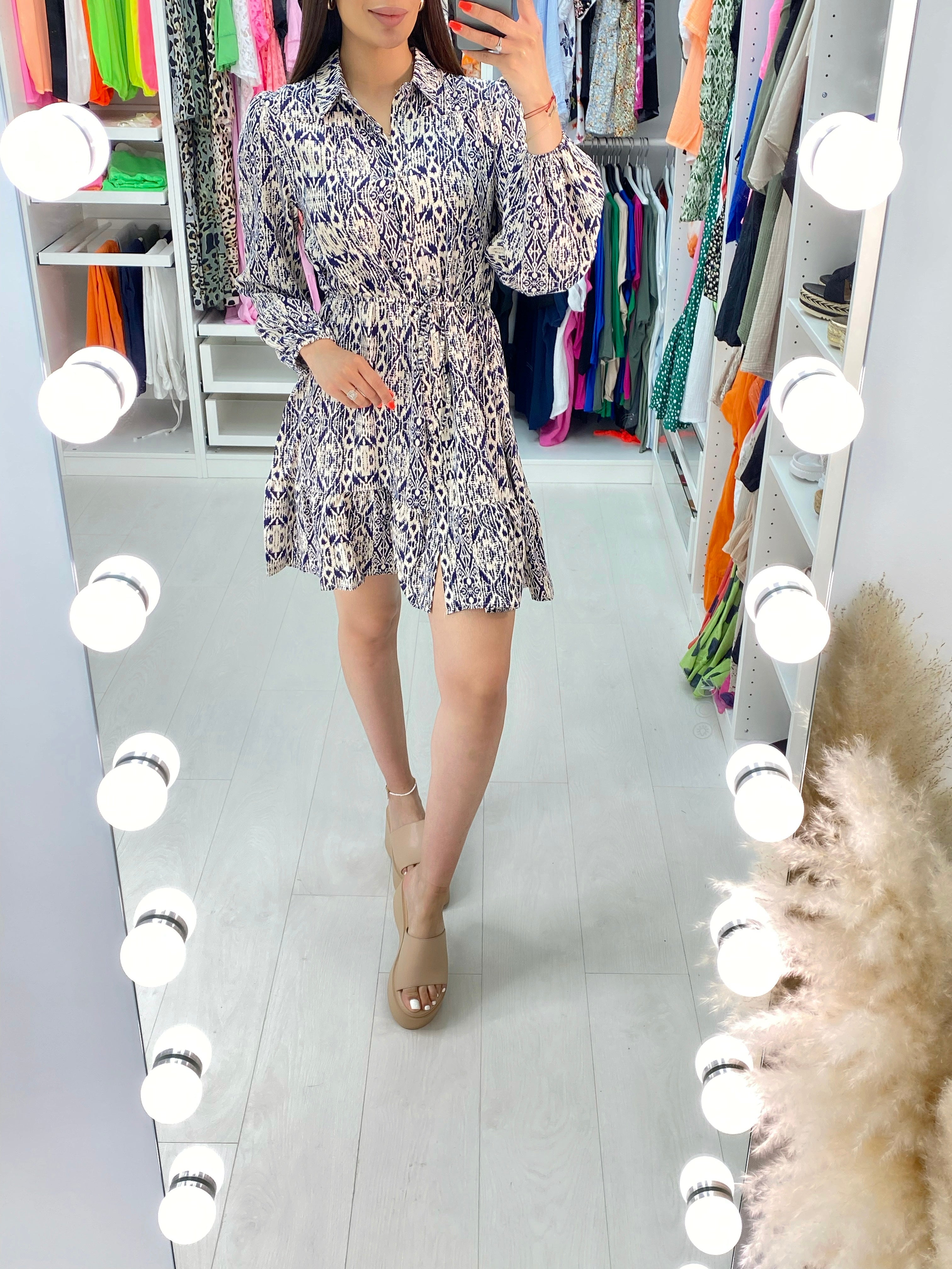 Michaela Mosaic Print Tie Waist Shirt Dress