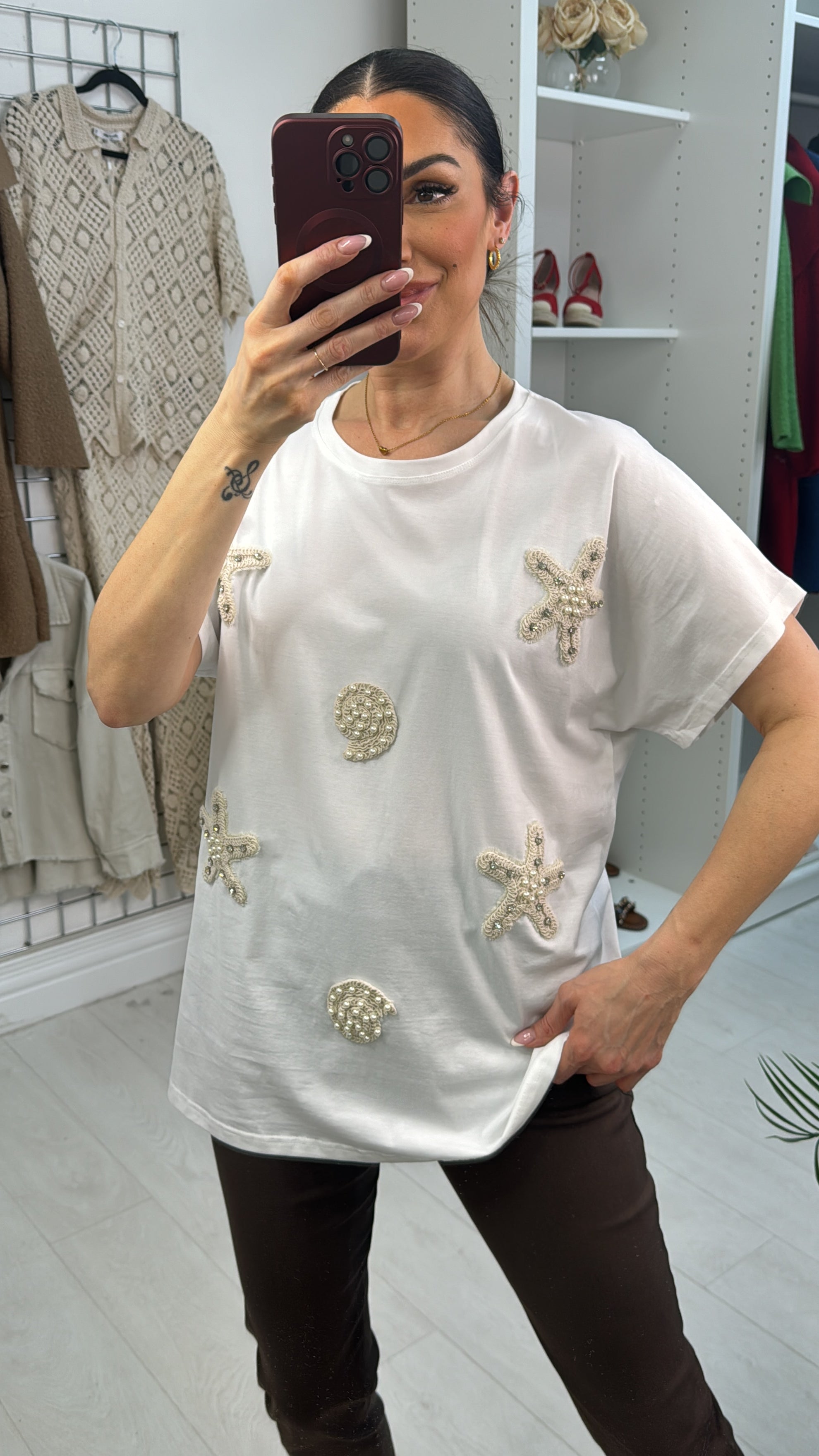 Maxine Embellished Crochet Starfish & Shells Loose Fit T-Shirt
