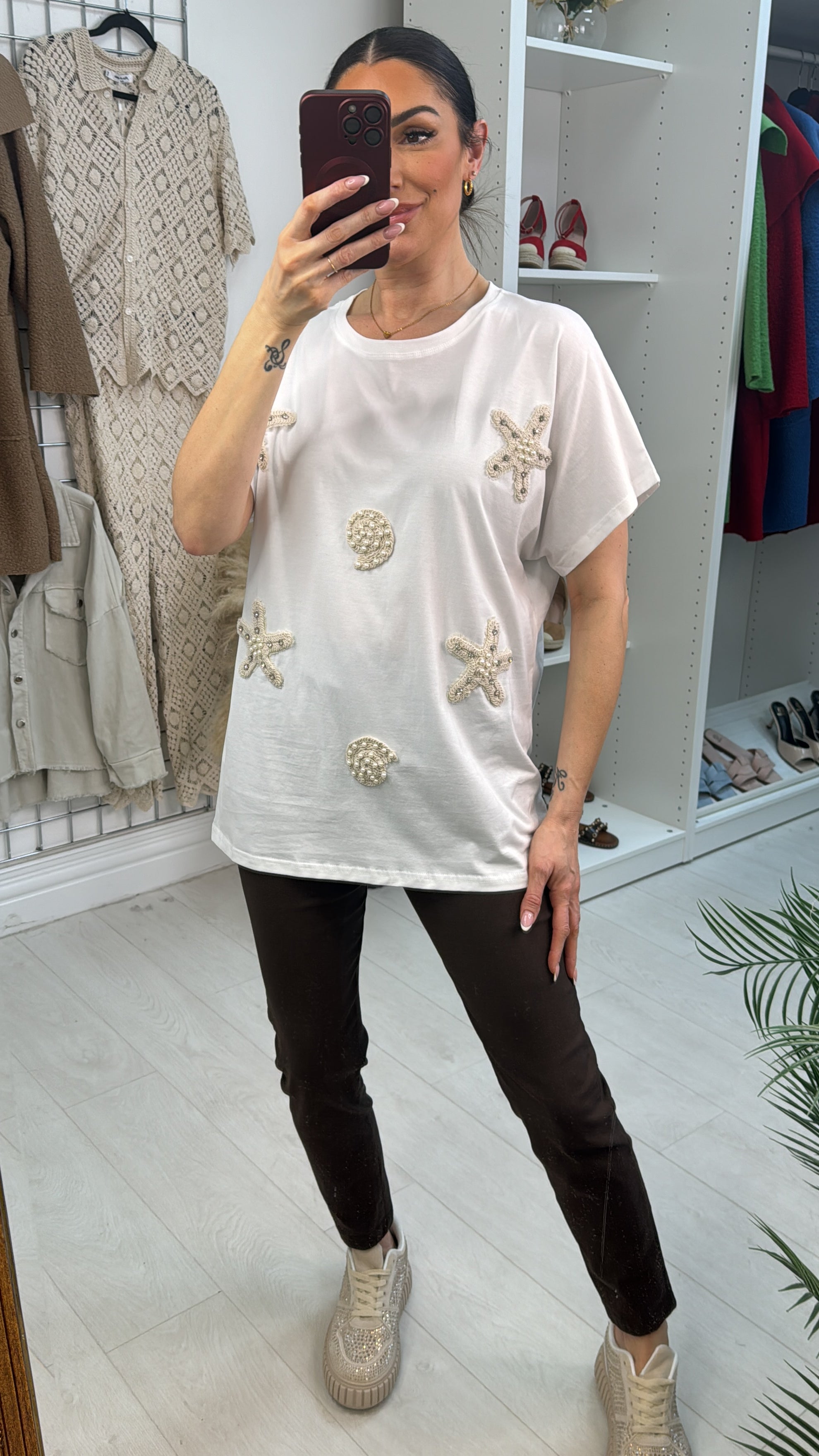 Maxine Embellished Crochet Starfish & Shells Loose Fit T-Shirt