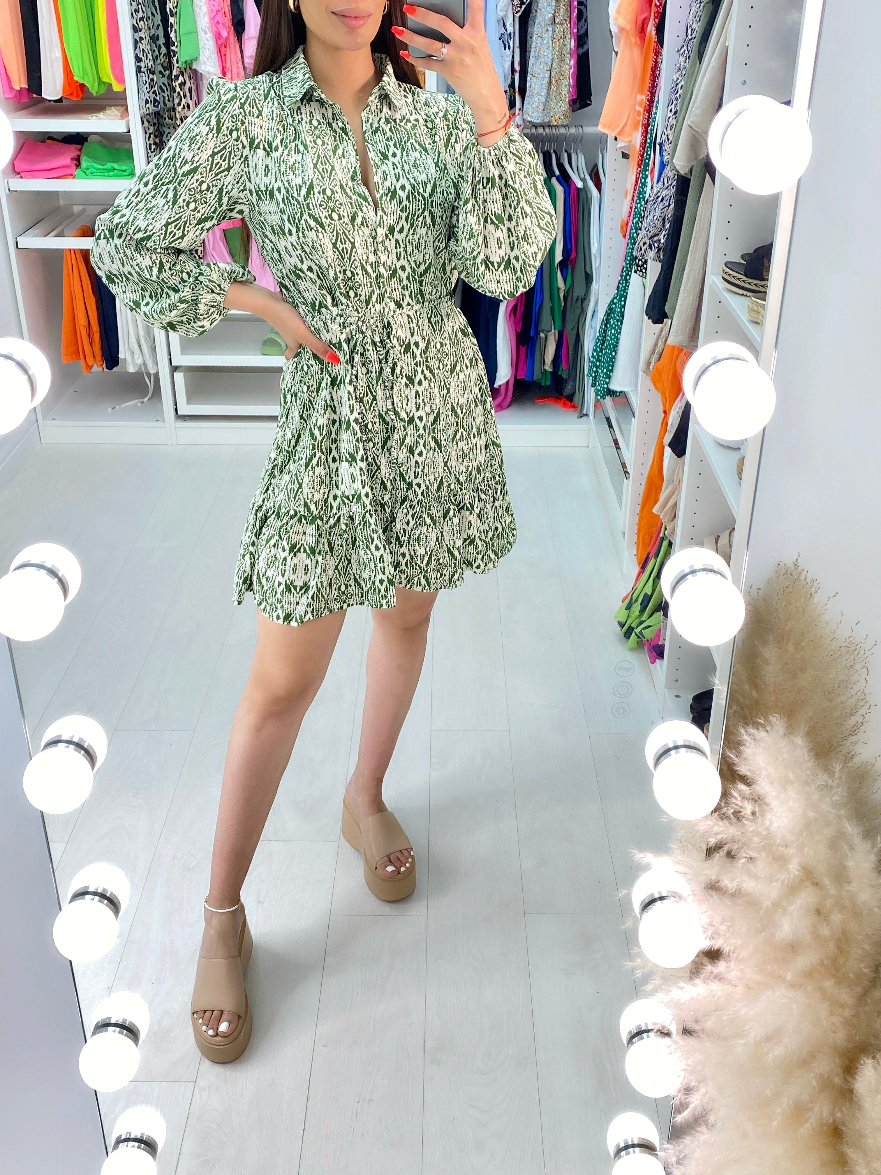 Michaela Mosaic Print Tie Waist Shirt Dress