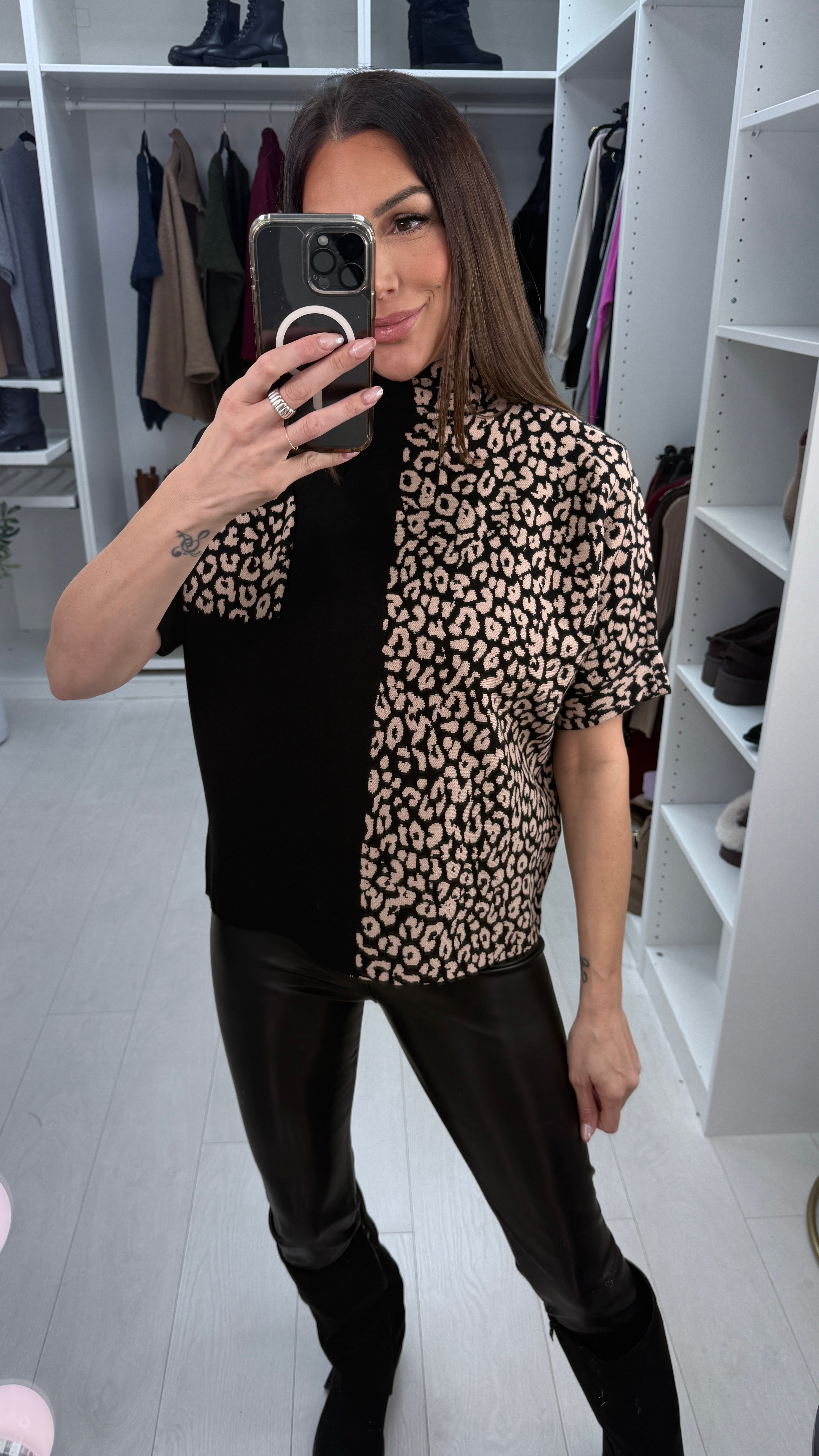 Dillia Leopard Print High Neck 3/4 Sleeve Jumper