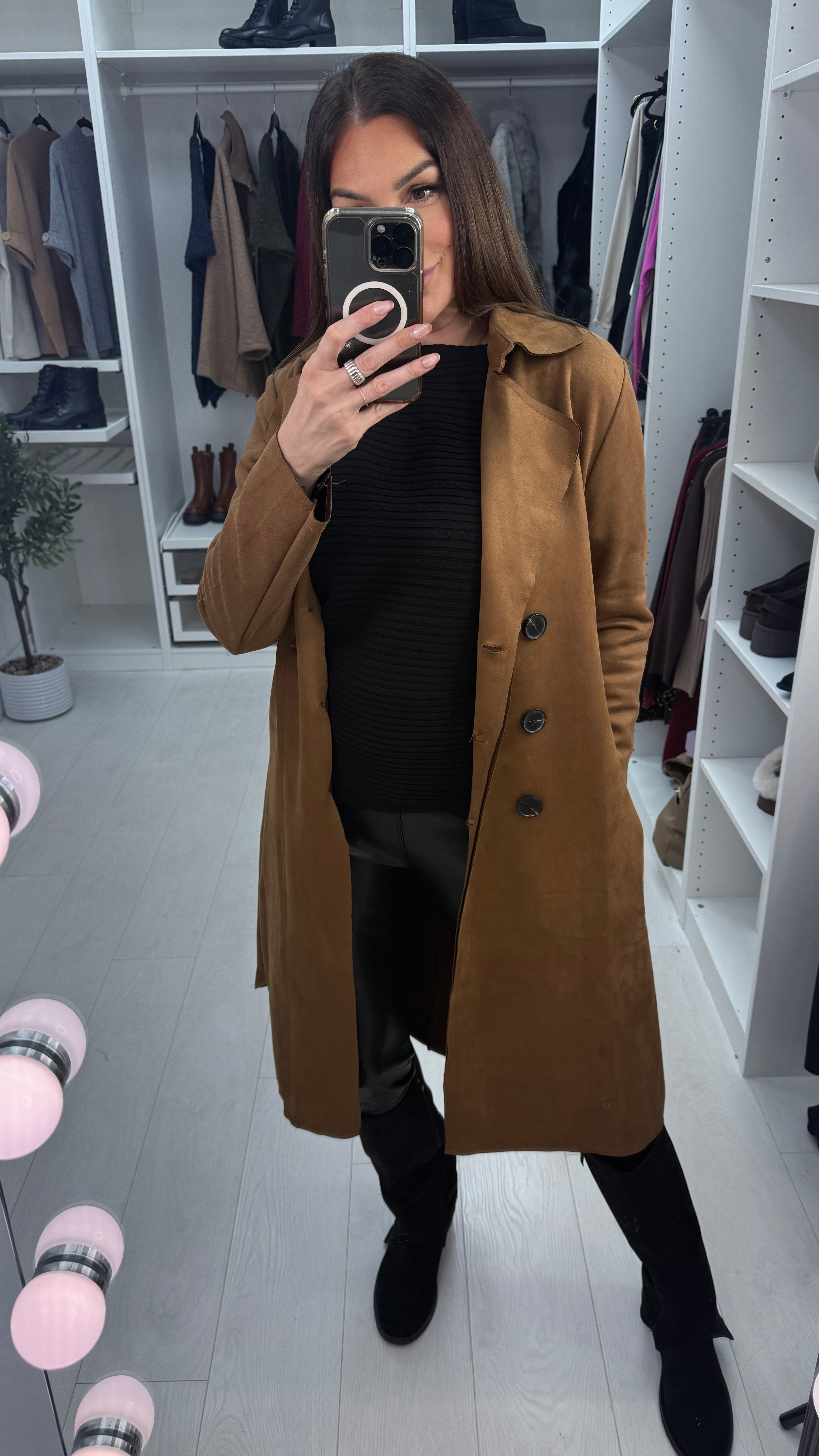 Amaia Plain Suede Belted Longline Coat
