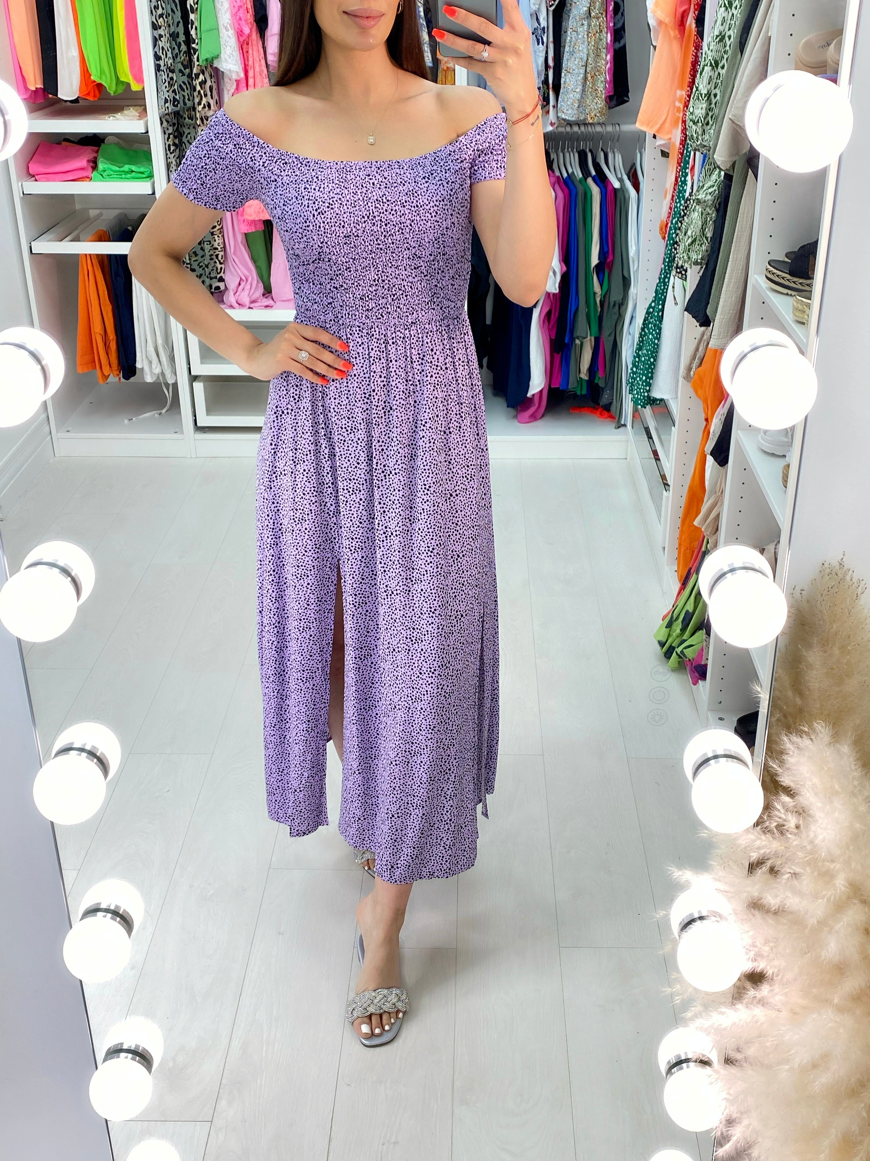 Perdita Lilac Dalmatian Print Bardot Maxi Dress