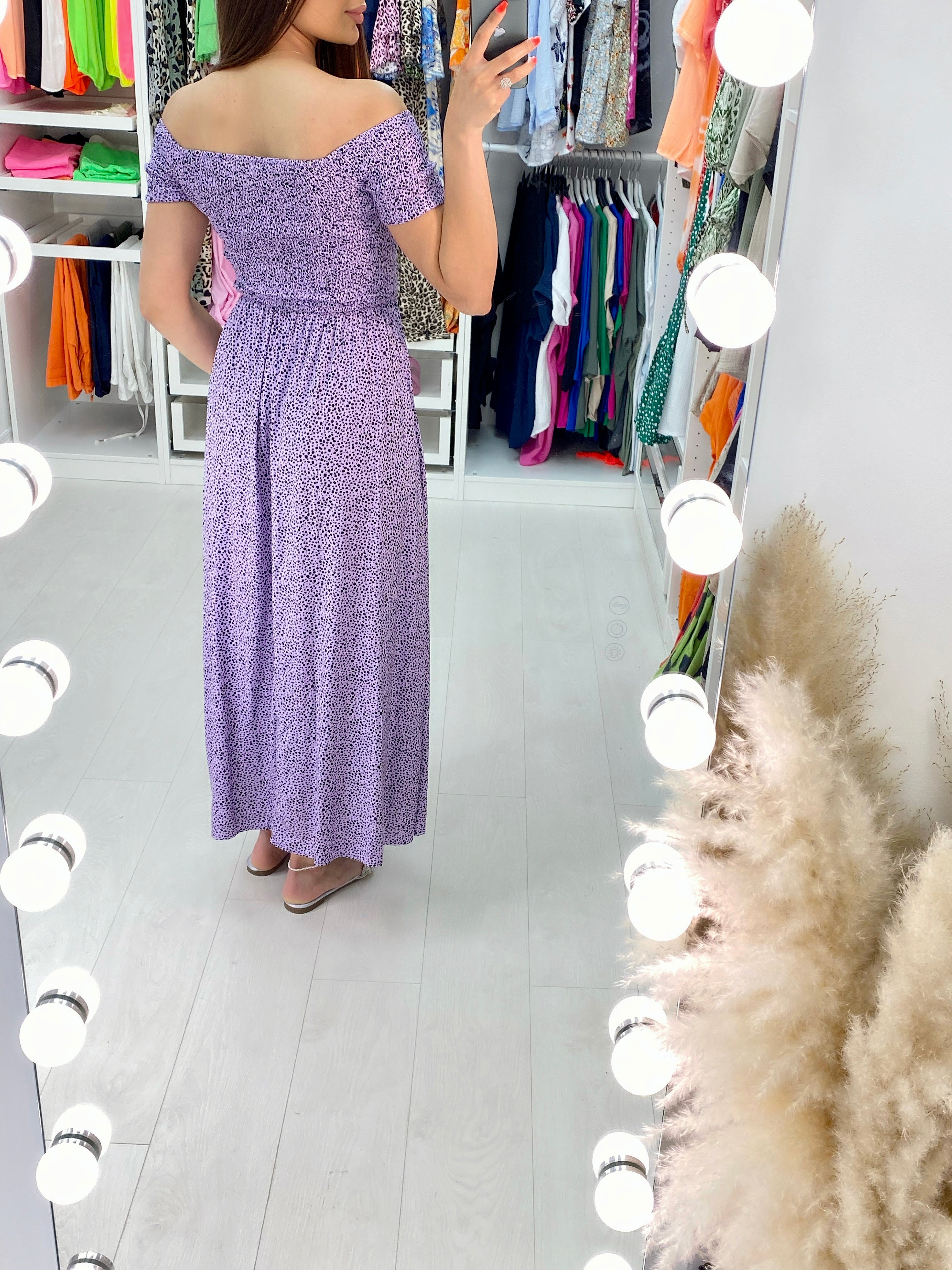 Perdita Lilac Dalmatian Print Bardot Maxi Dress