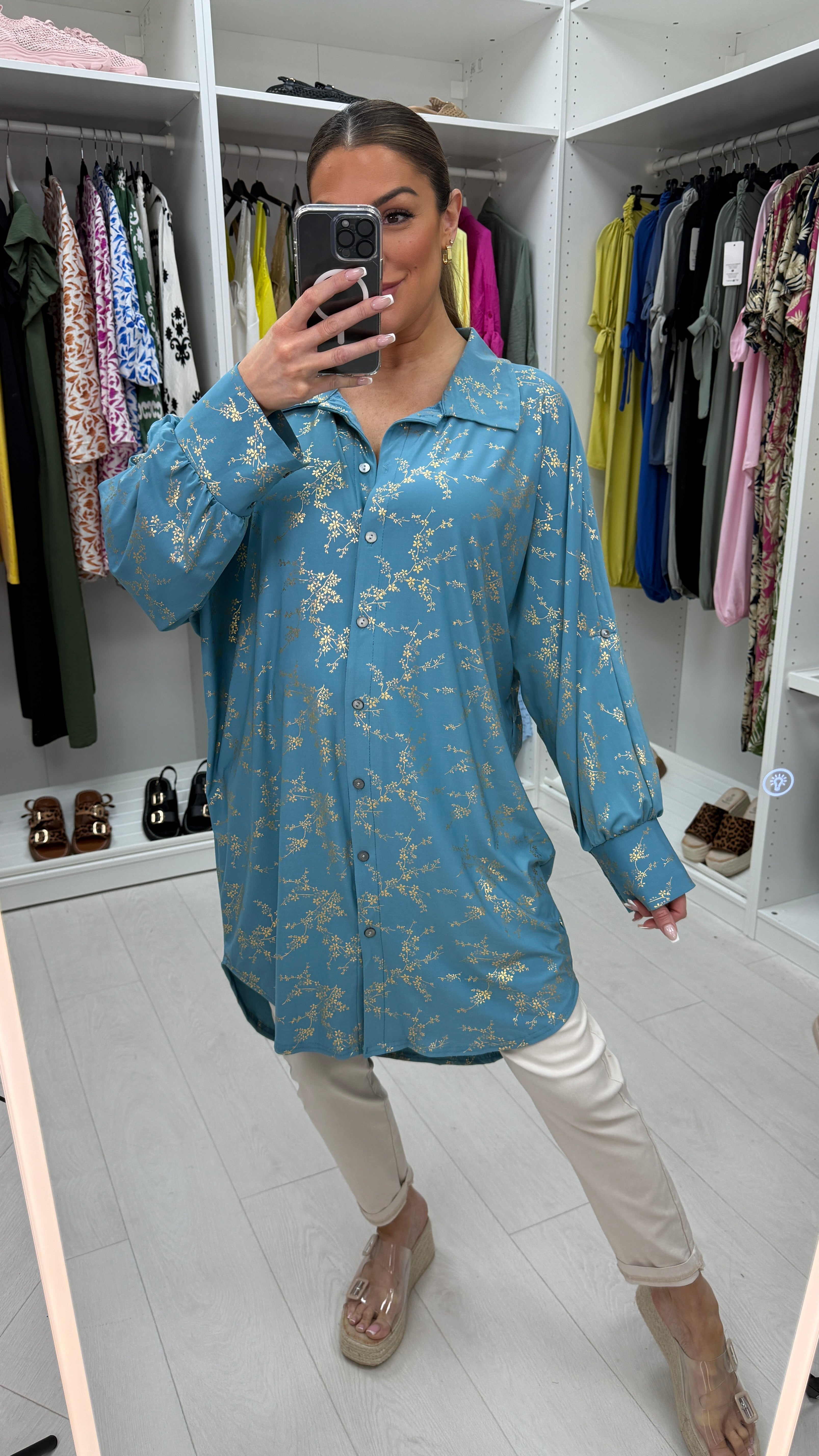 Kourtney Gold Floral Print Magic Longline Shirt