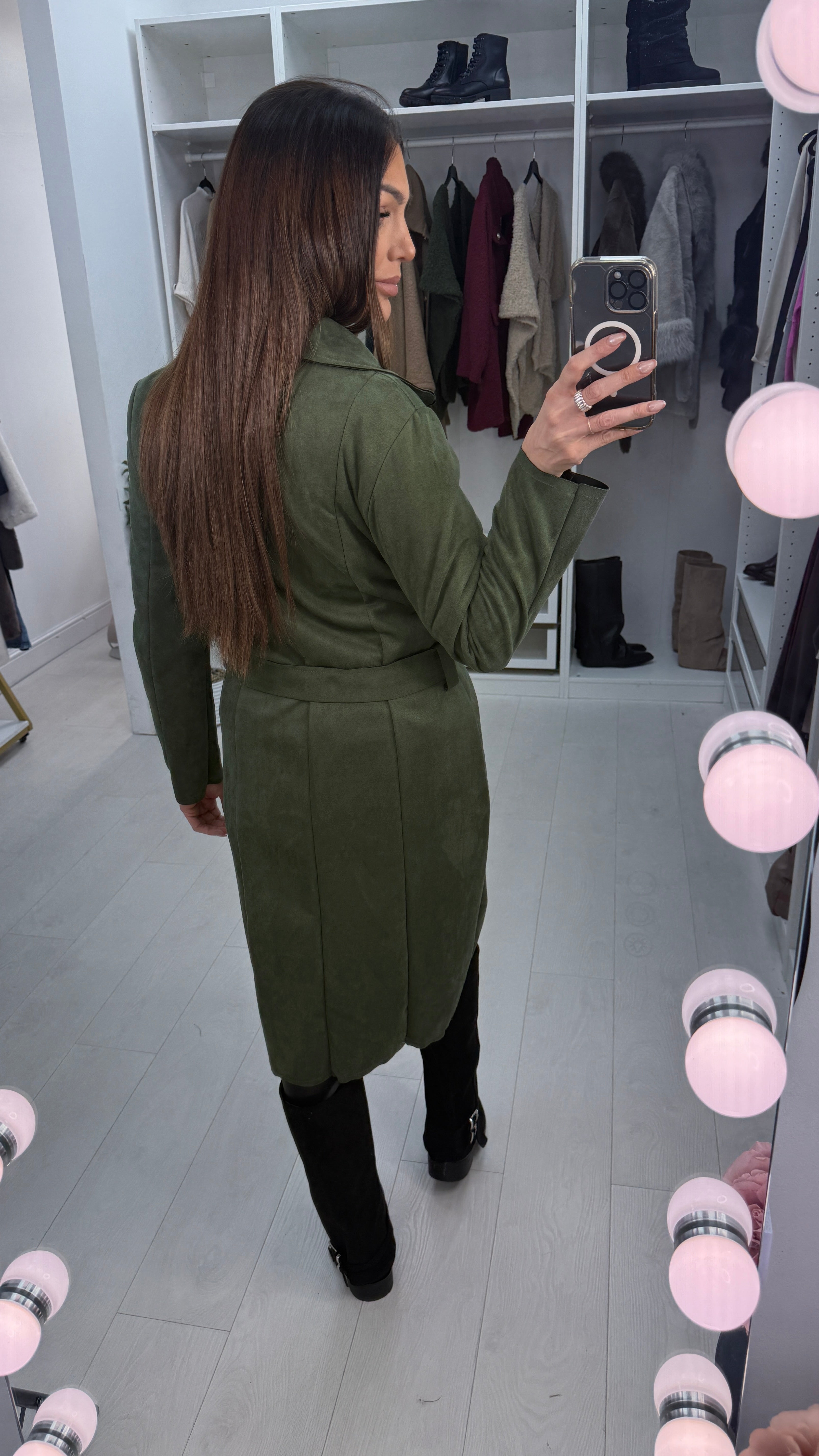 Amaia Plain Suede Belted Longline Coat