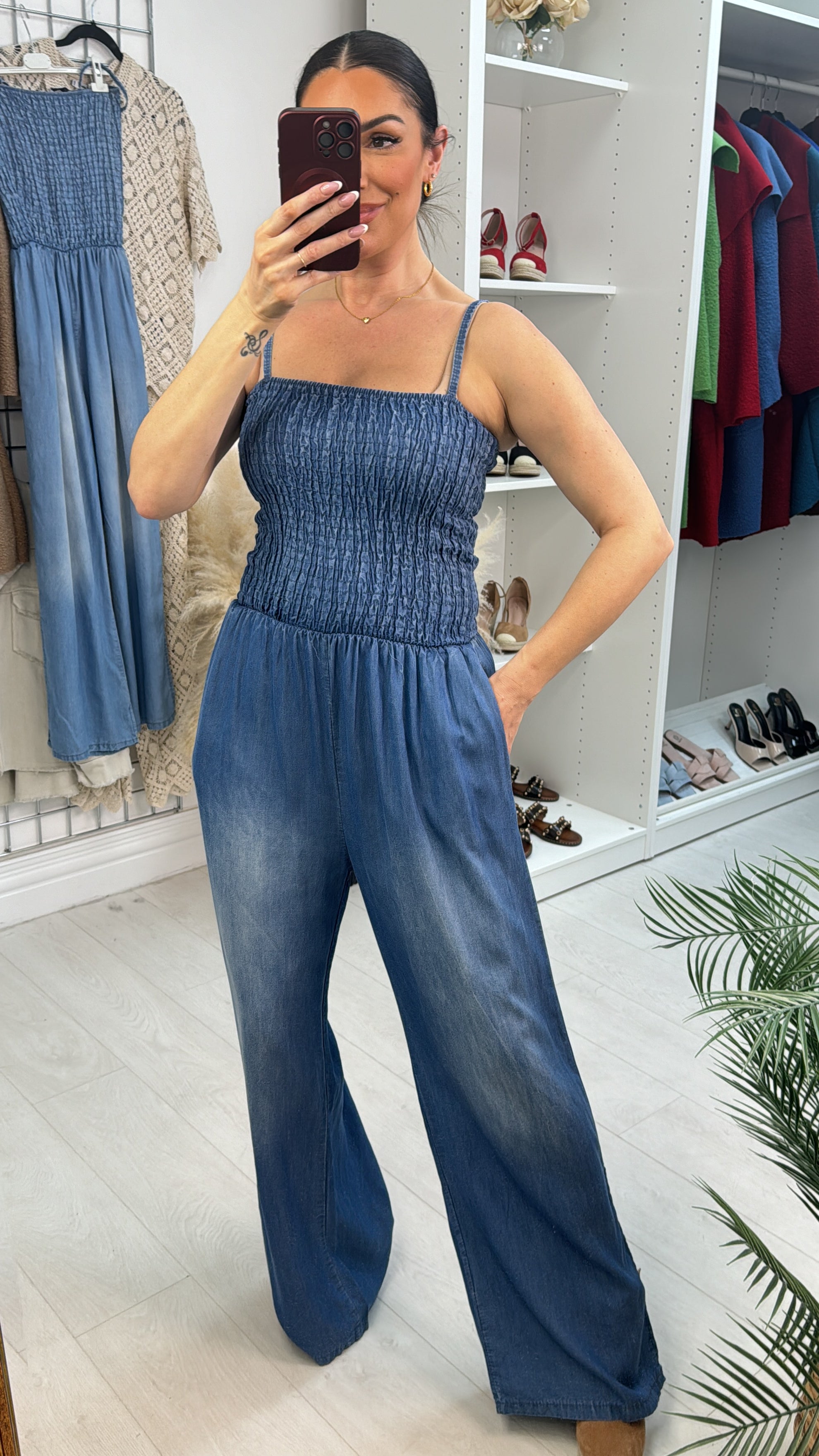 Christine Denim Ruched Wide Leg Jumpsuit
