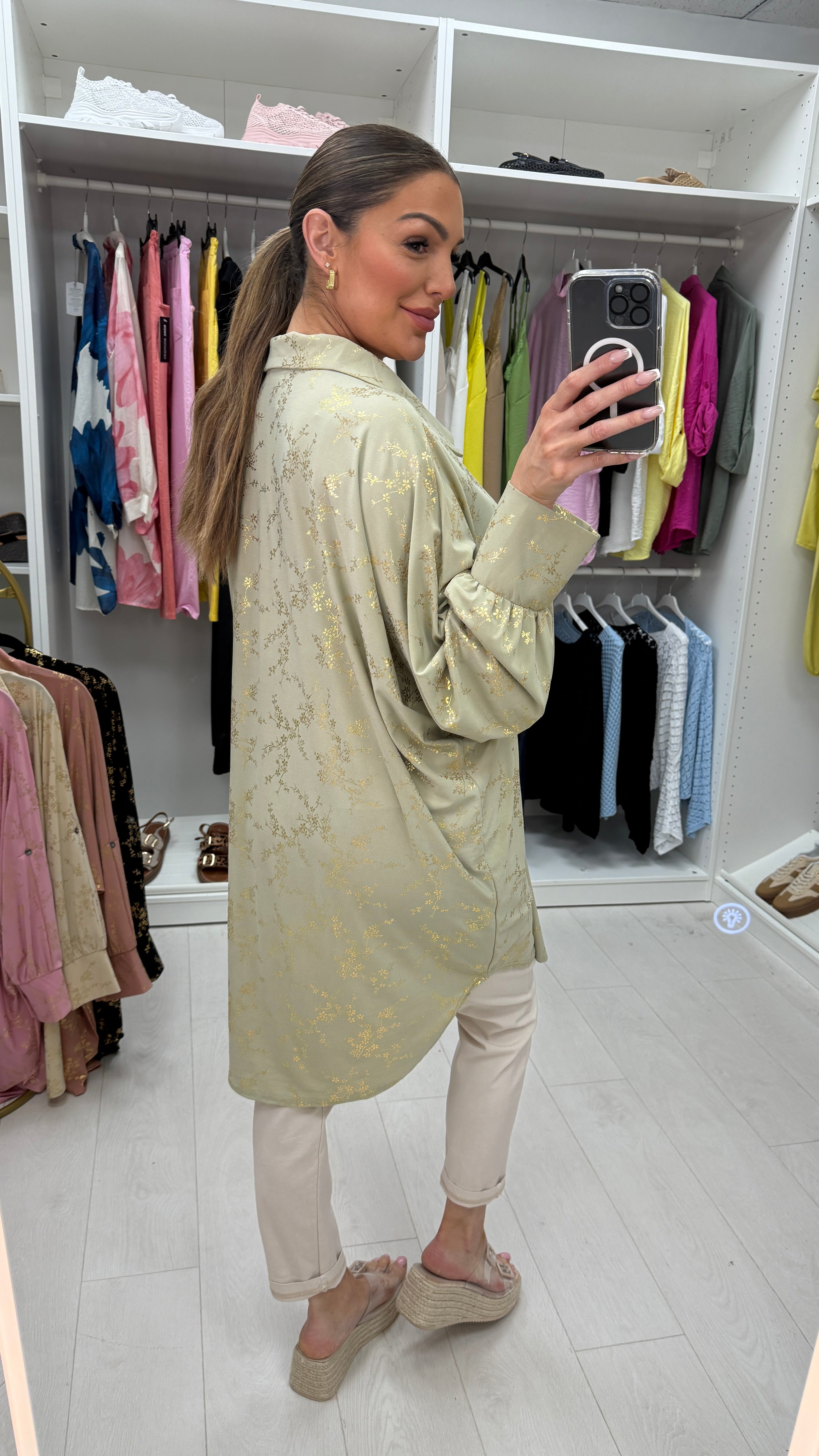 Kourtney Gold Floral Print Magic Longline Shirt