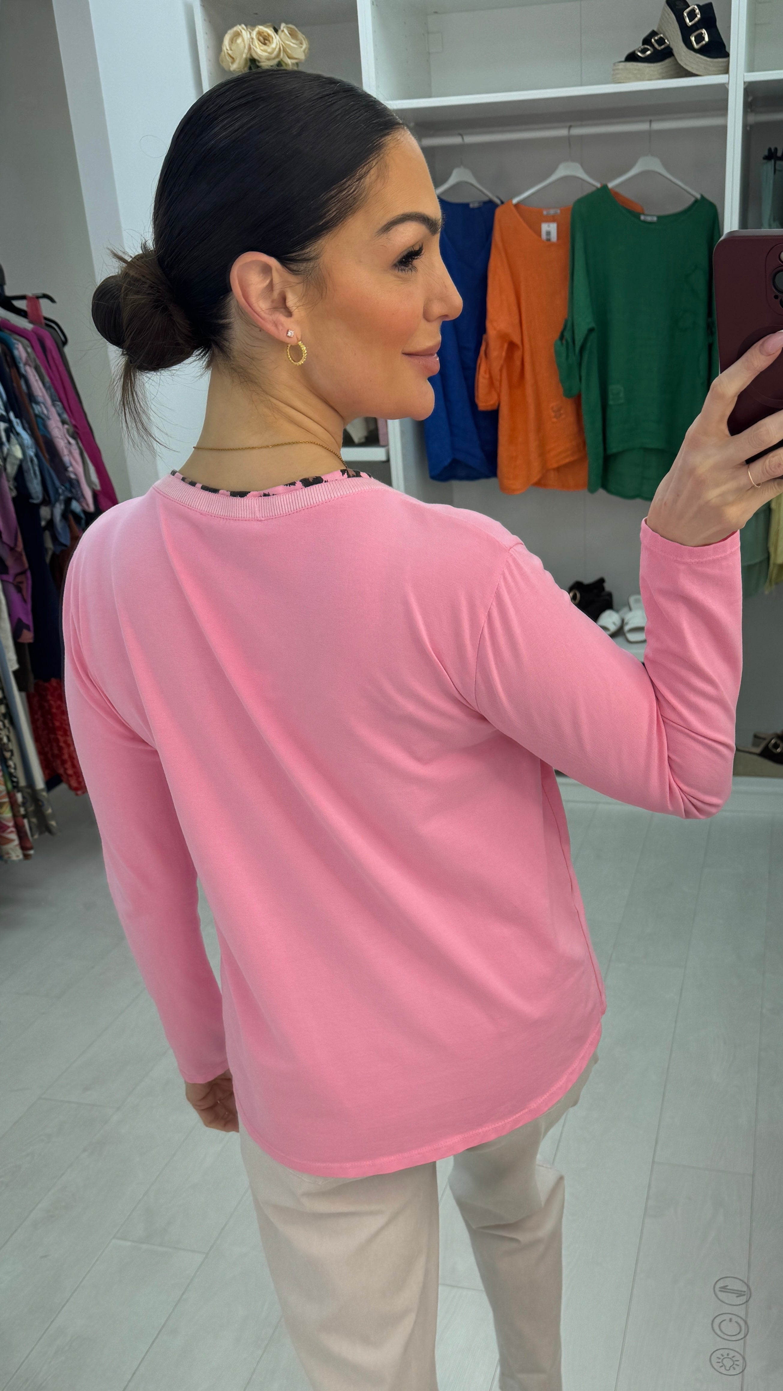 Sophia Plain Leopard Trim Neckline Detail Top