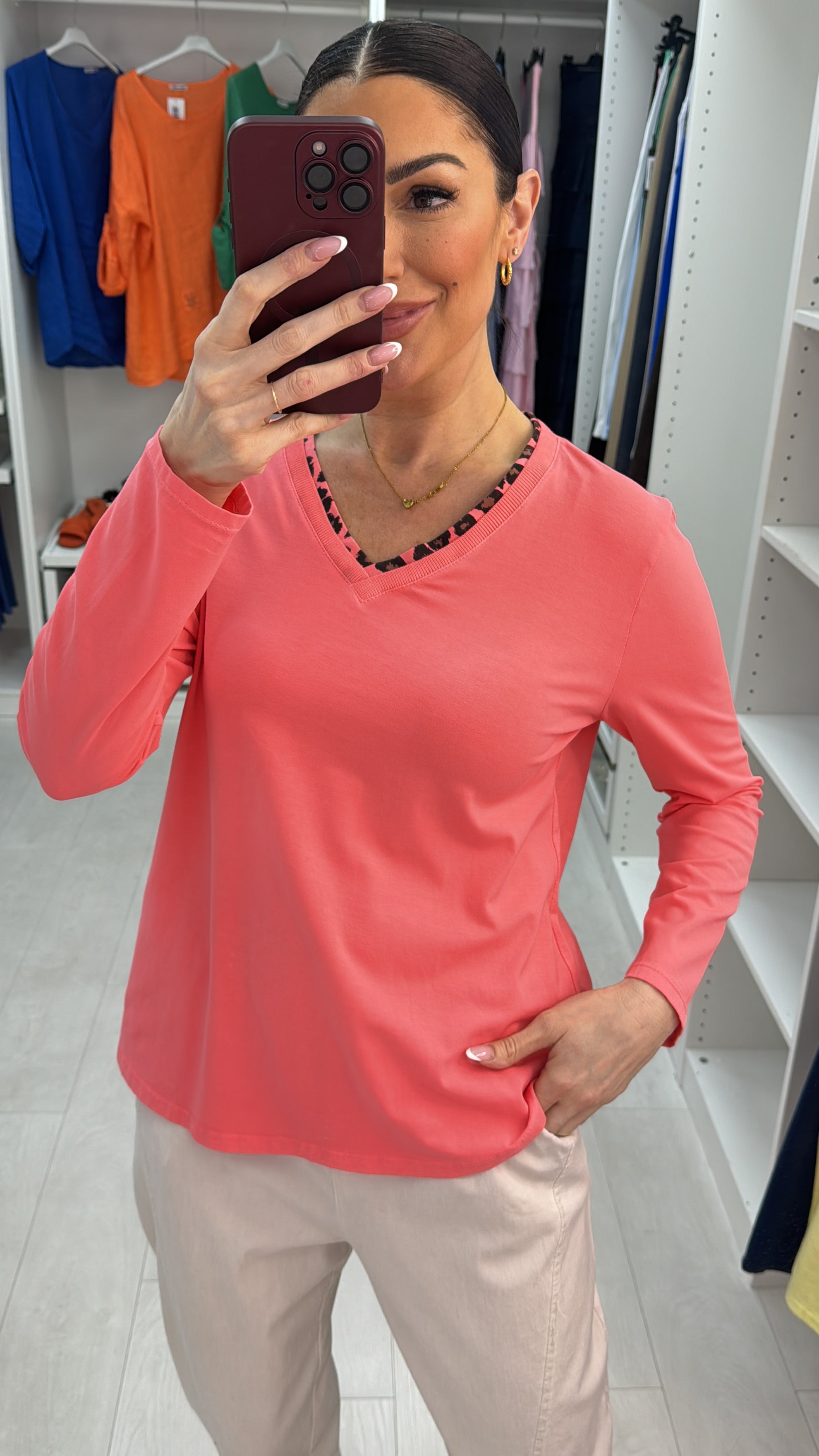 Sophia Plain Leopard Trim Neckline Detail Top