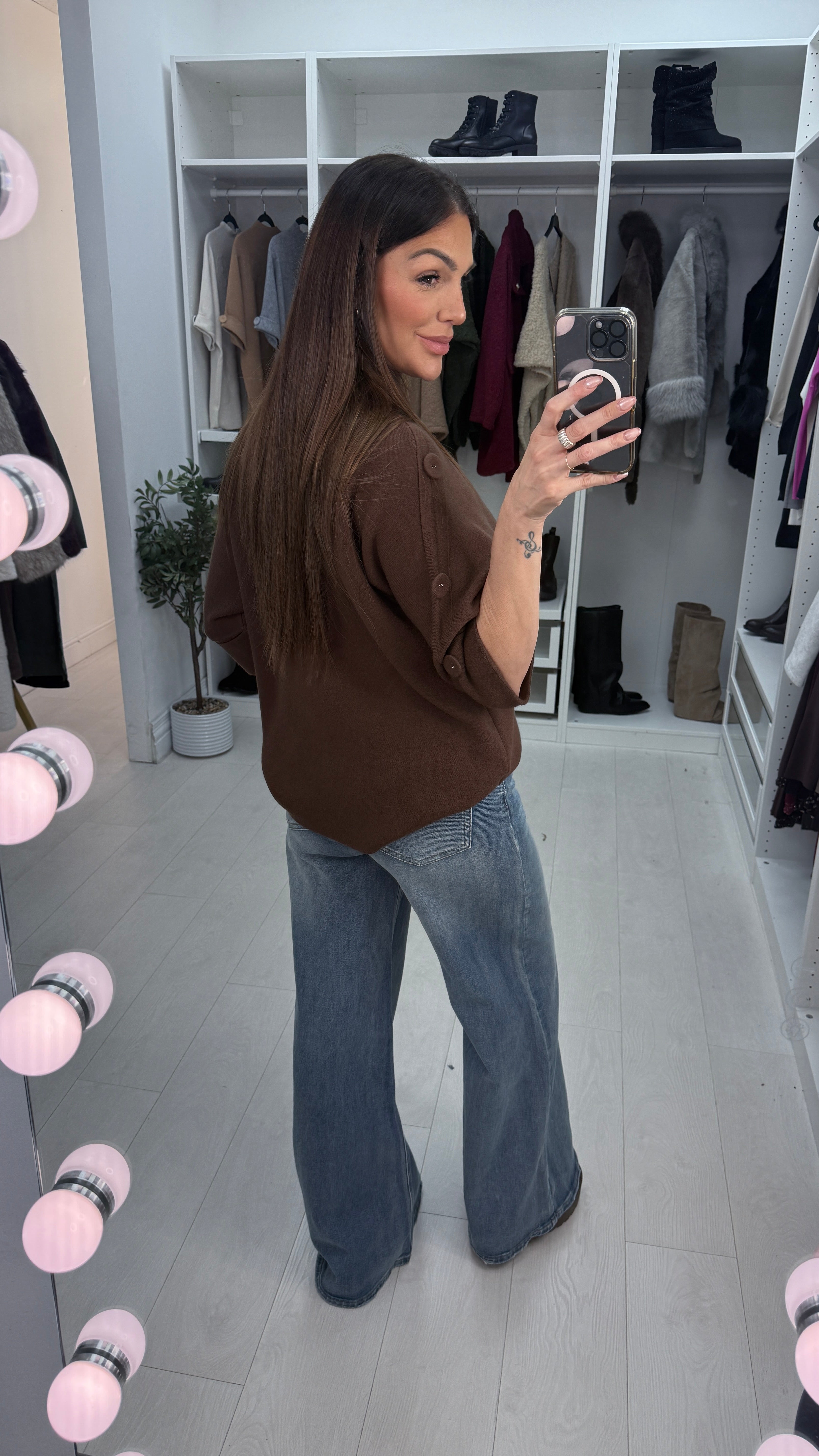 Vinna Plain Button Detail 3/4 Sleeve Jumper