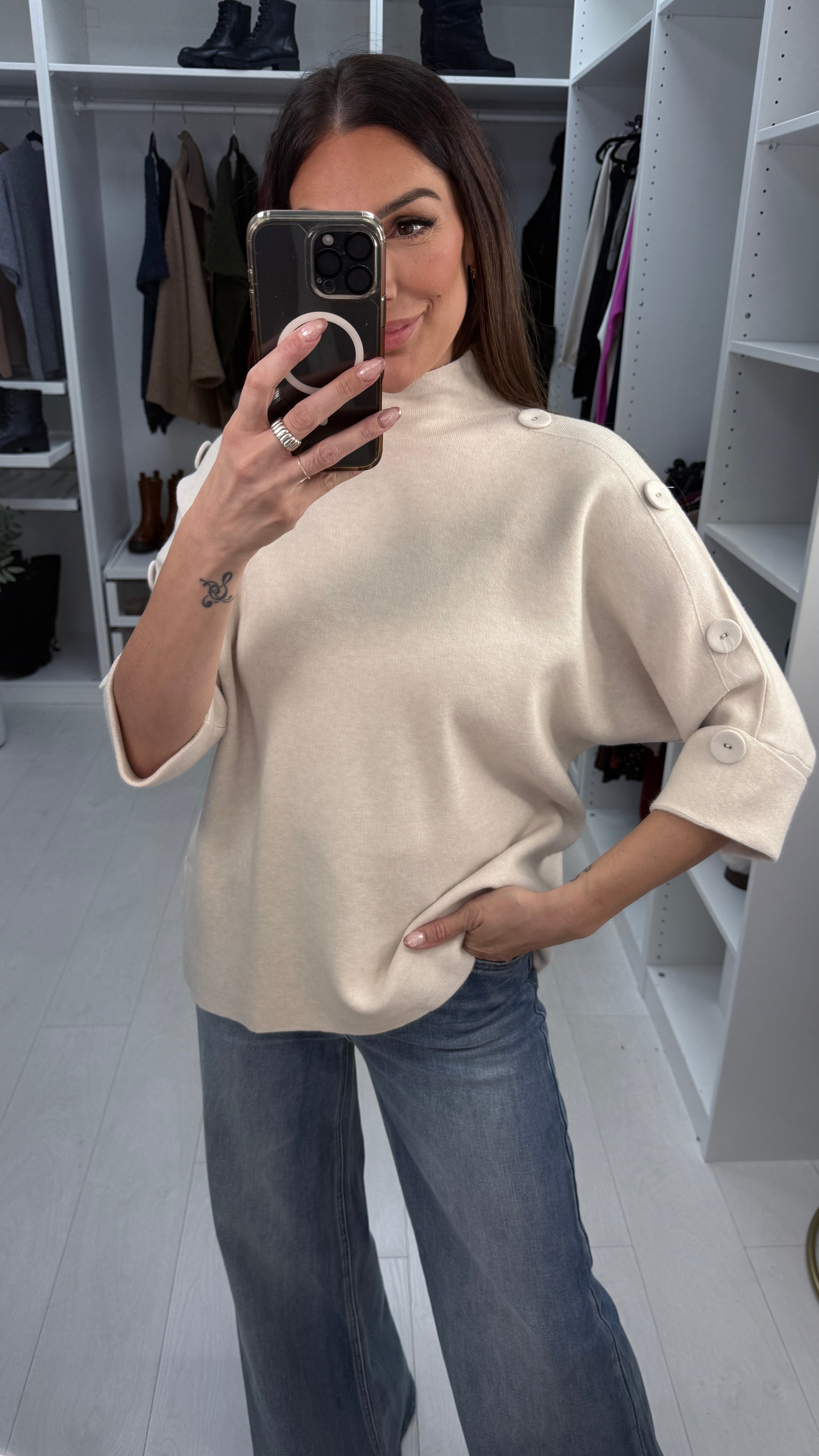 Vinna Plain Button Detail 3/4 Sleeve Jumper