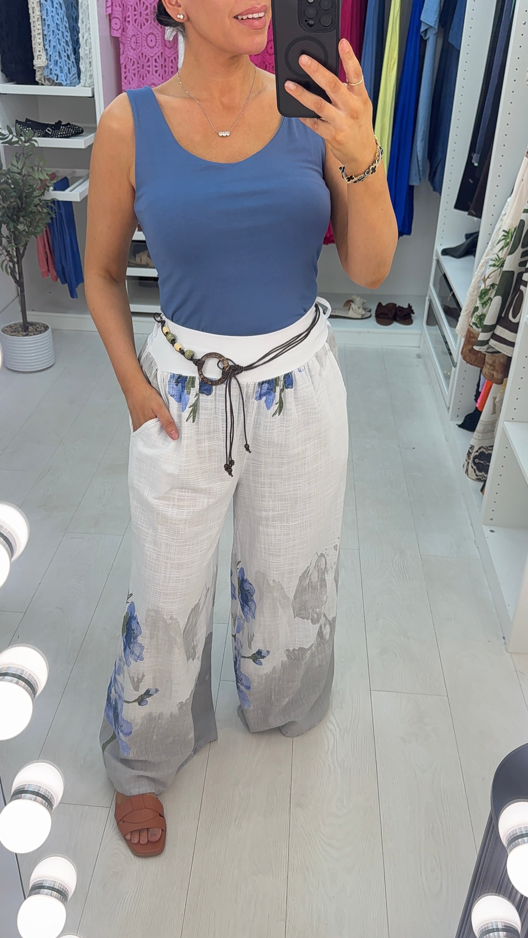 Leena Watercolour Print Belted Detail Wide Leg Trousers