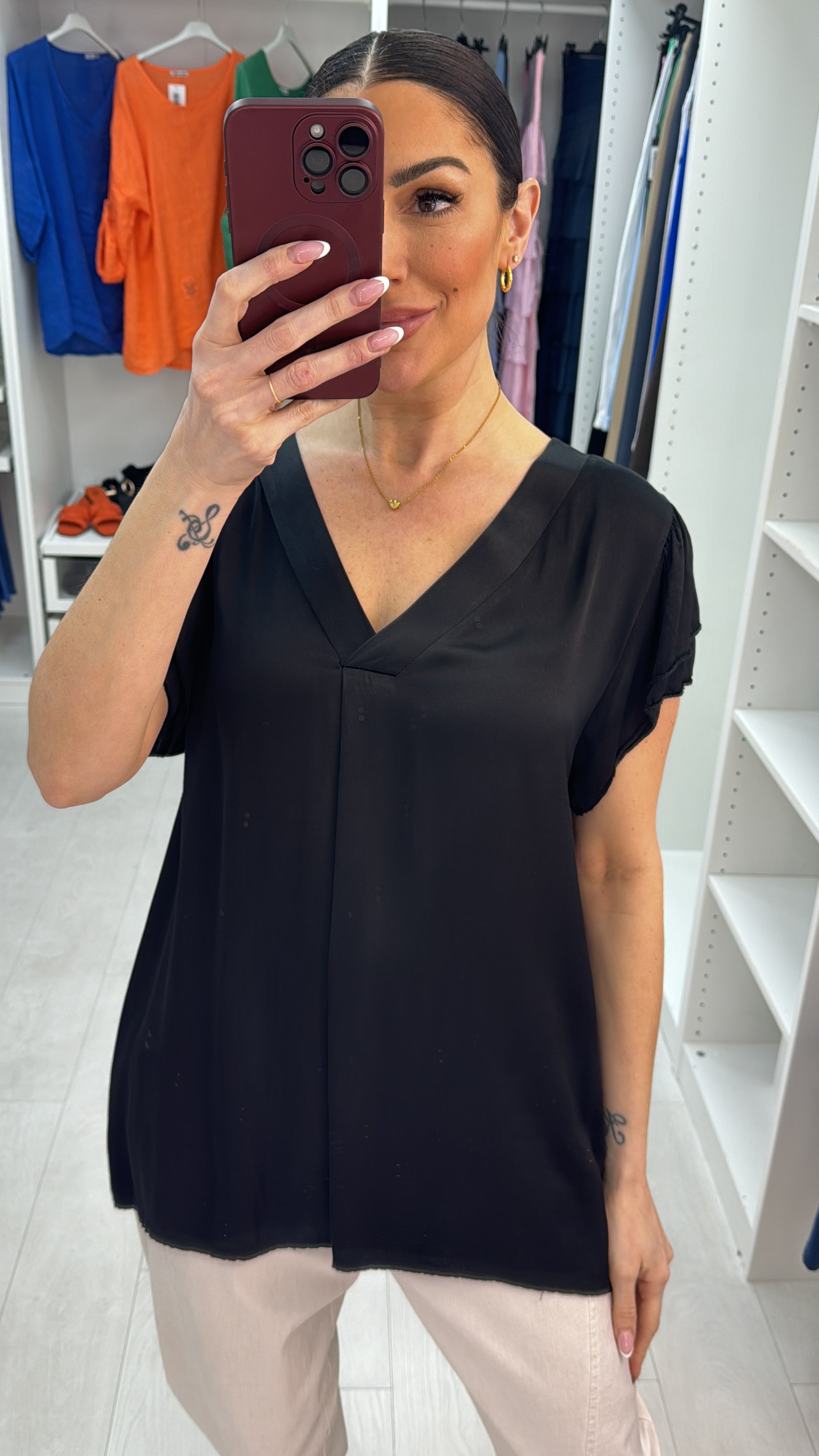Sophie V Neck Short Sleeve Satin Top