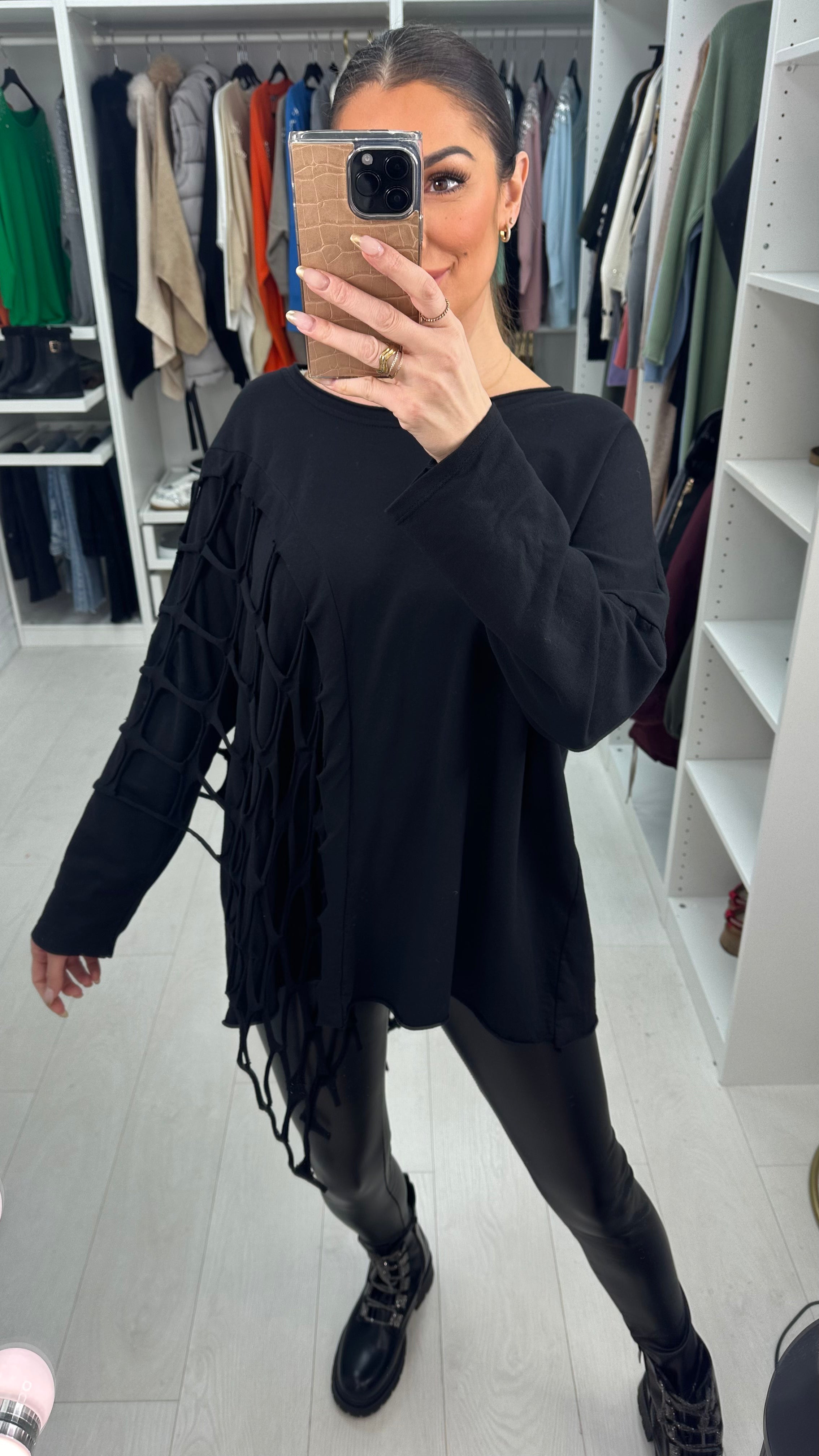 Georgia Plain Distressed Fish Net Detail Top