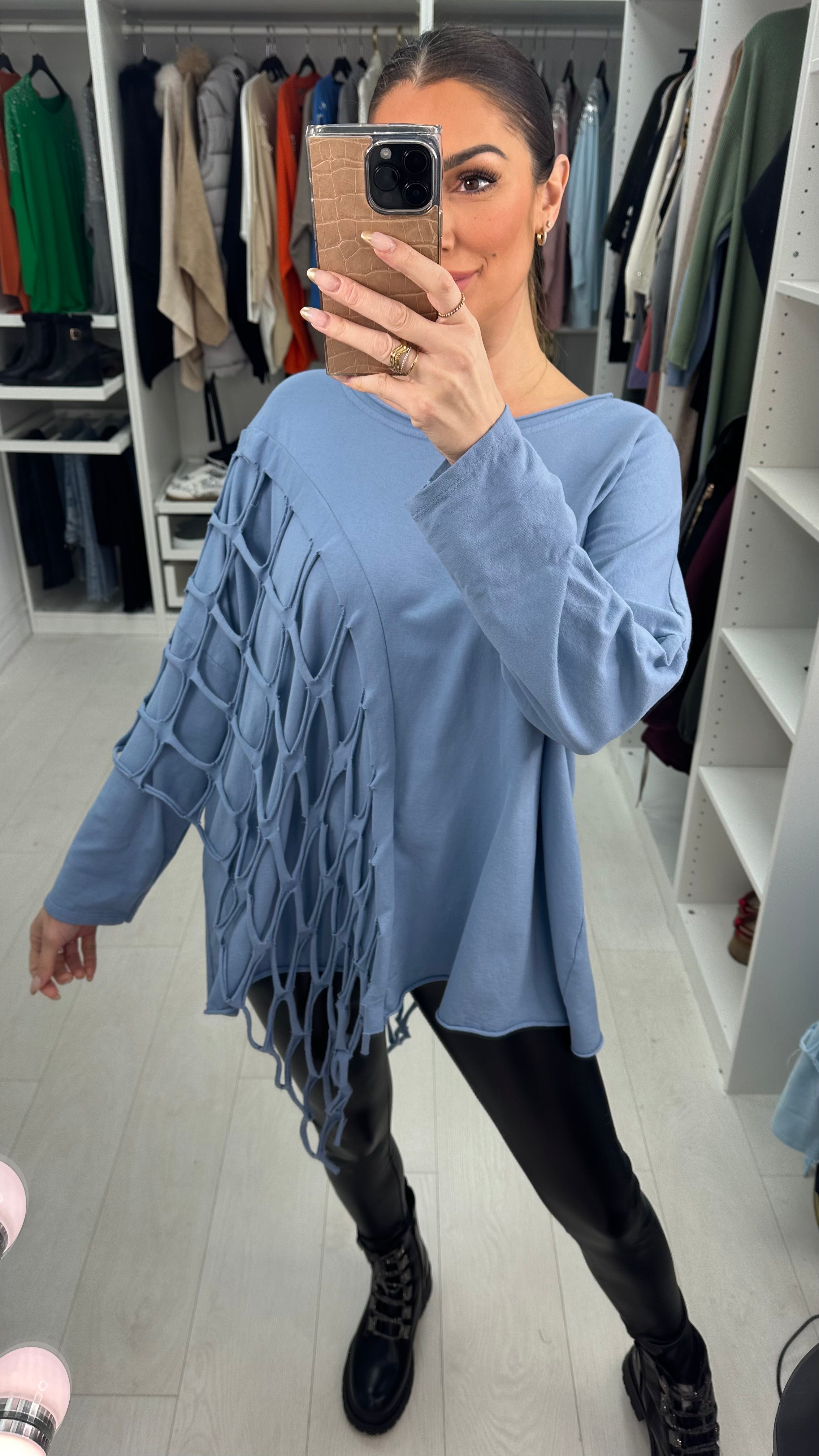 Georgia Plain Distressed Fish Net Detail Top