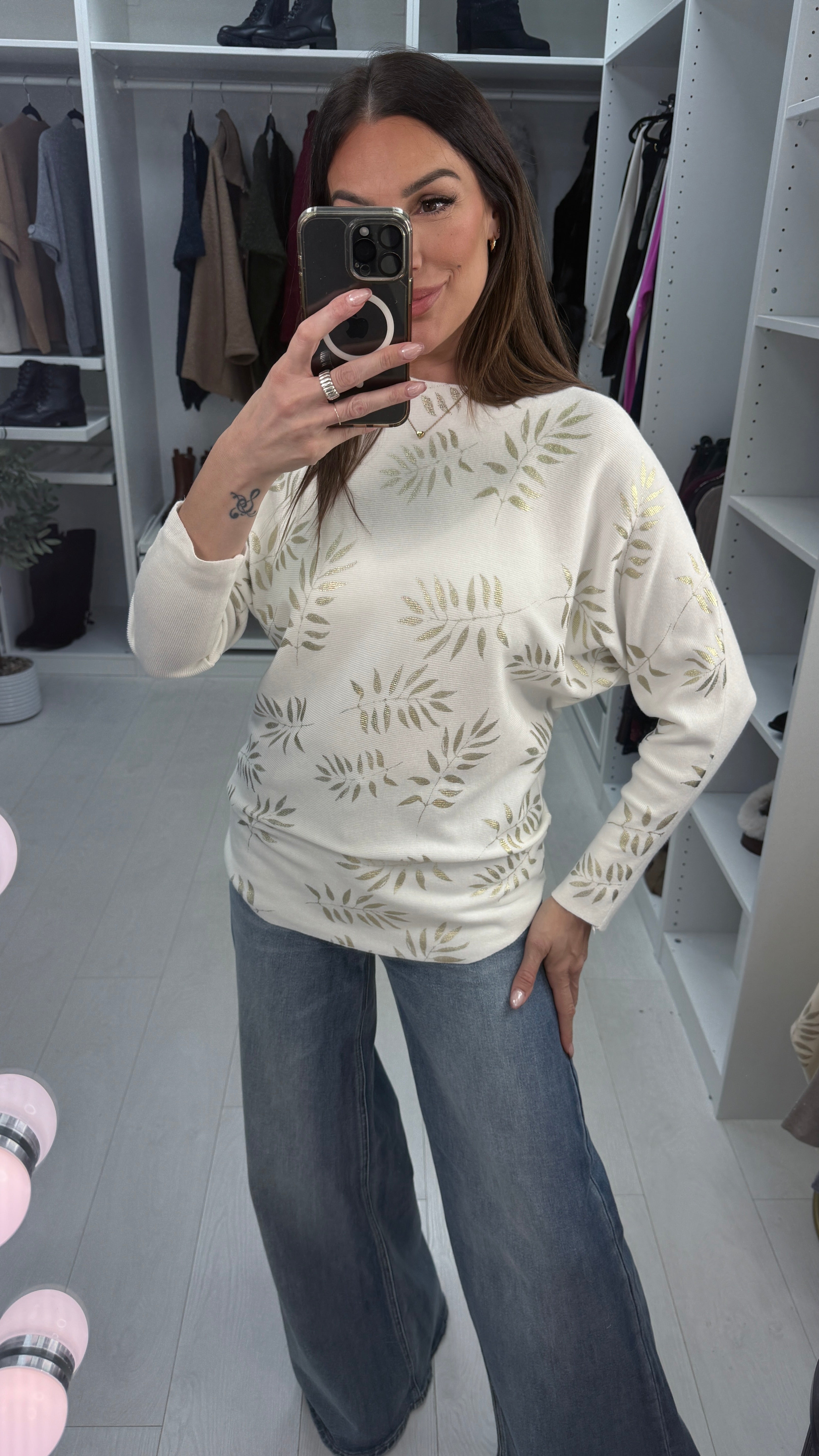 Zerafina Gold Leaf Pattern Knit Jumper