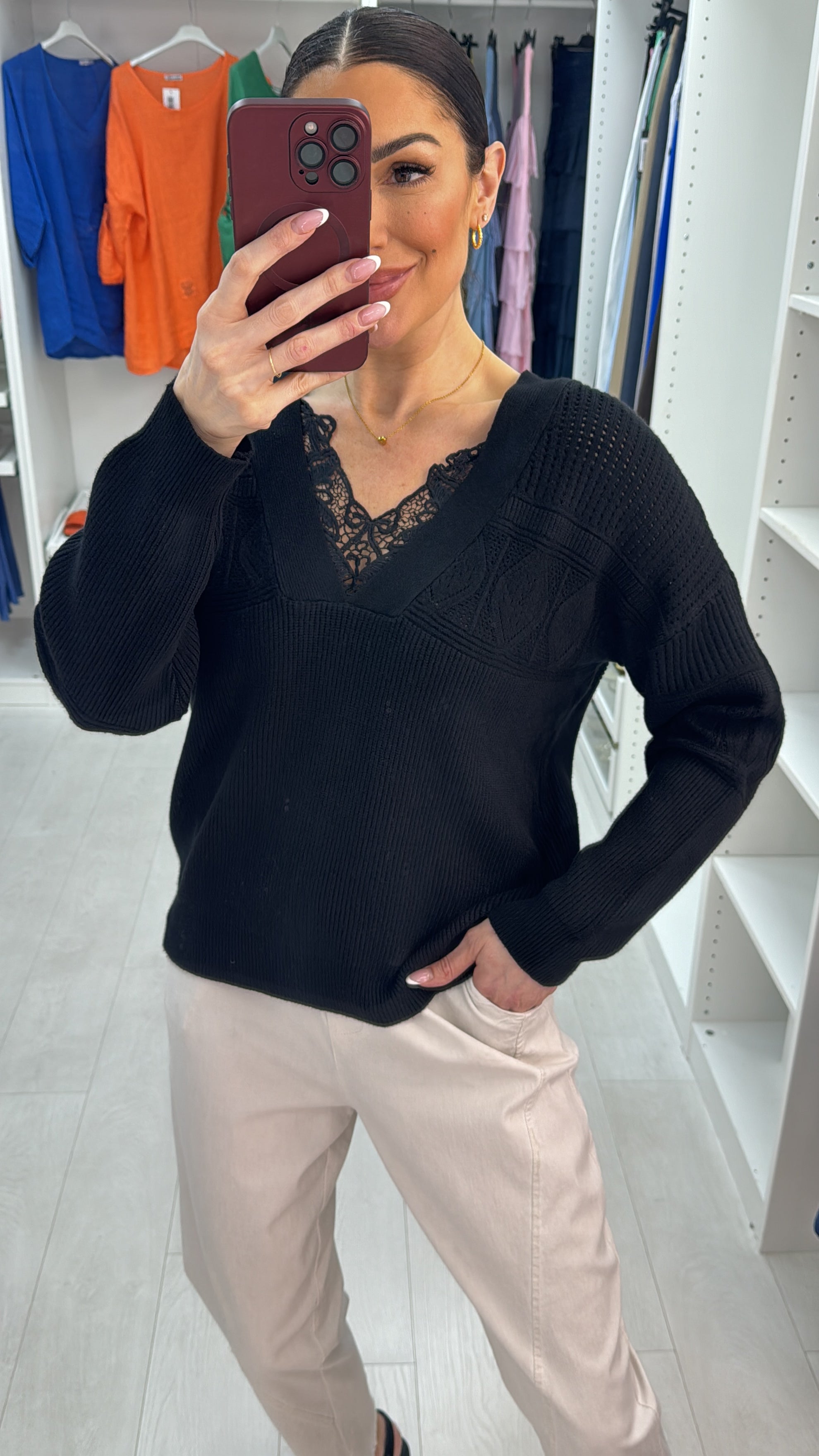 Kathleen Plain Lace Detailed V Neck Jumper