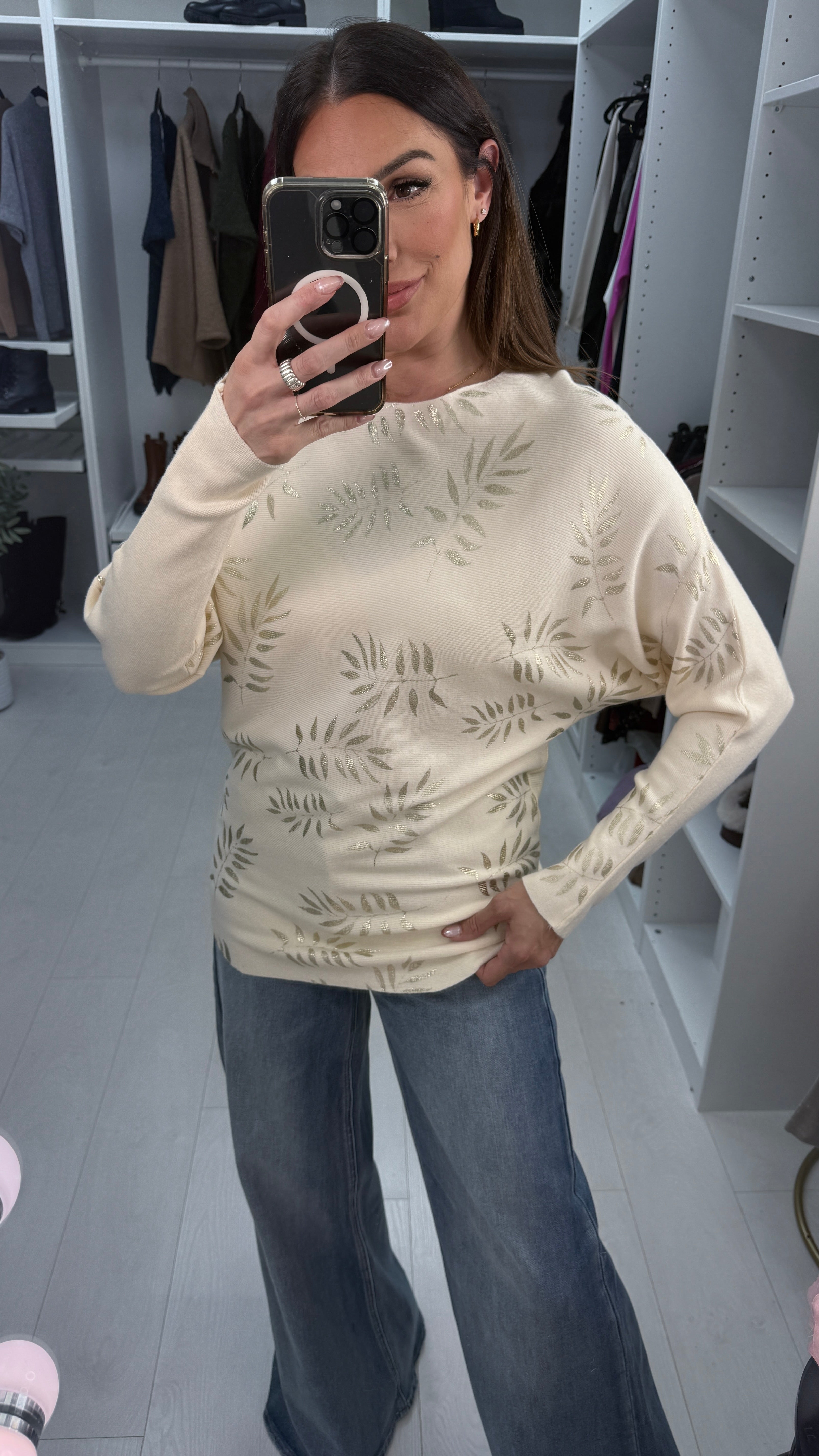 Zerafina Gold Leaf Pattern Knit Jumper