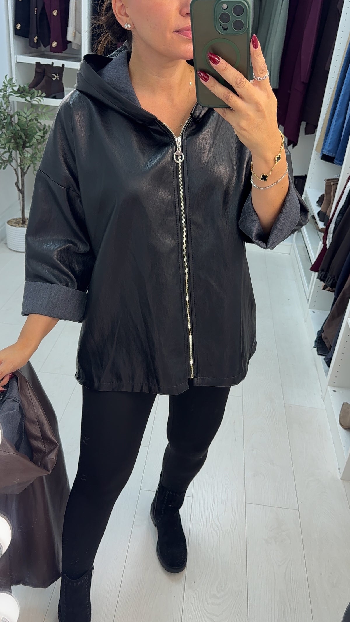 Oslin Faux Leather Hooded Zip Front Jacket