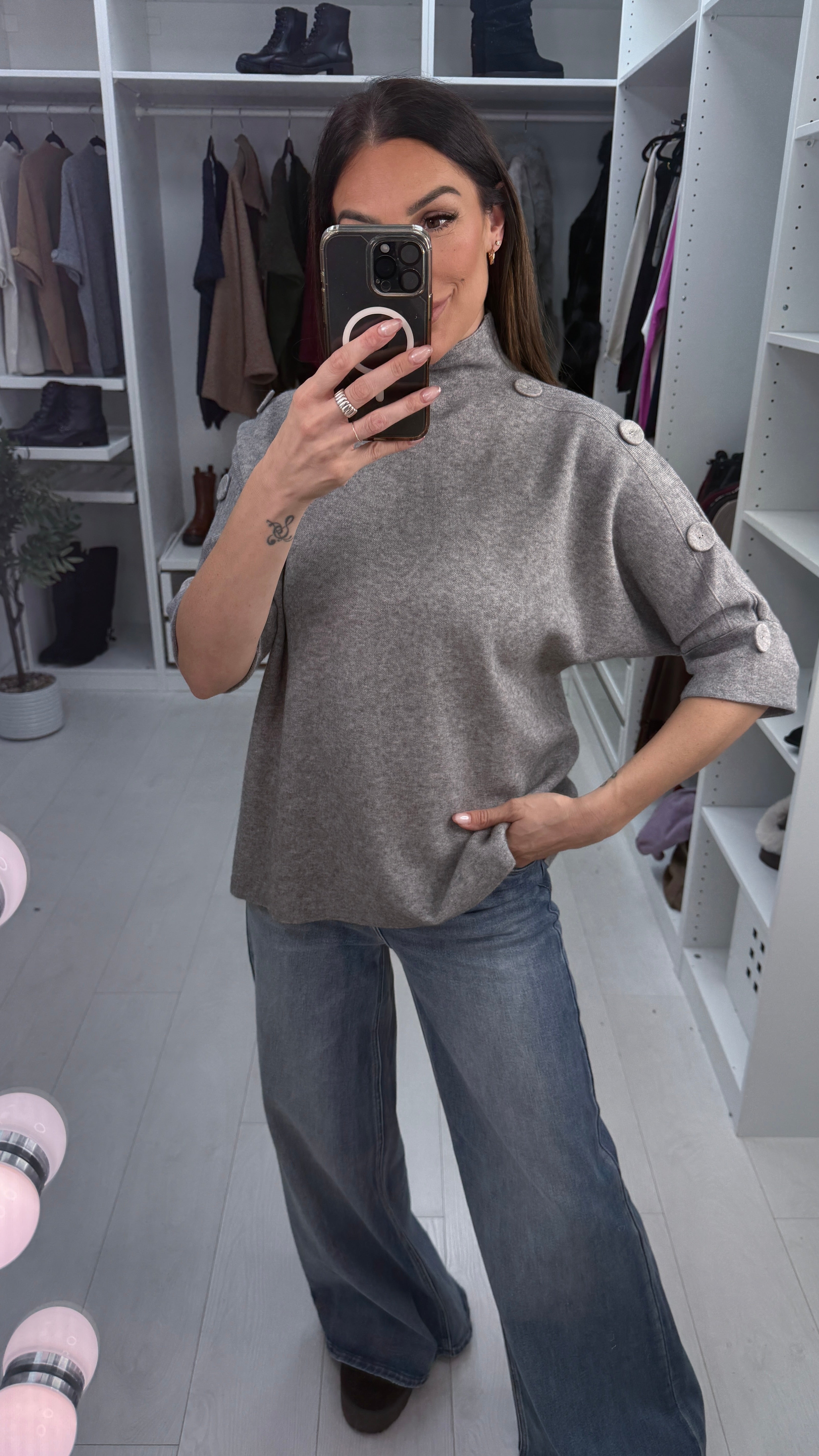 Vinna Plain Button Detail 3/4 Sleeve Jumper