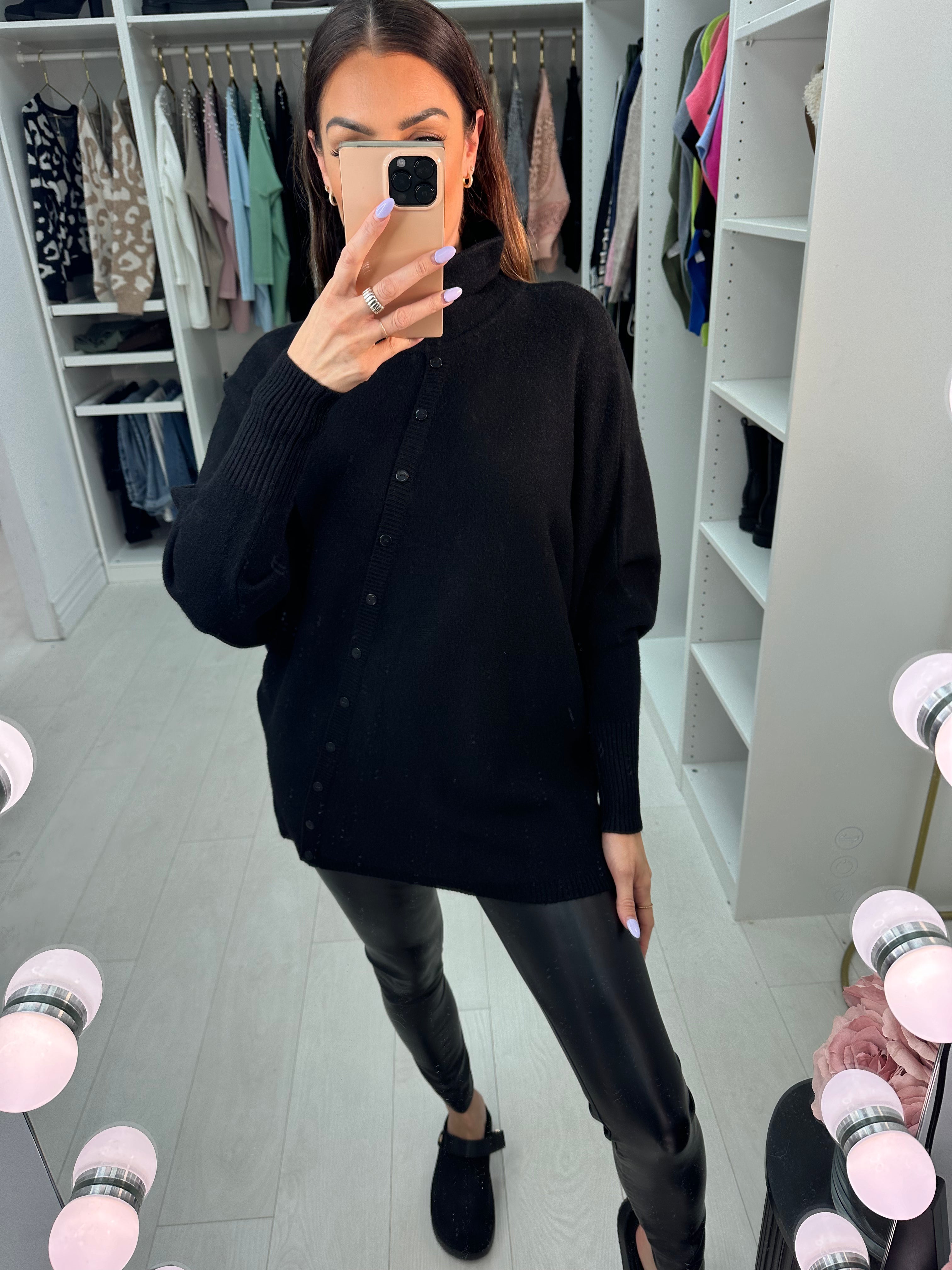 Selda Asymmetric Button Detailed Roll Neck Knit Jumper