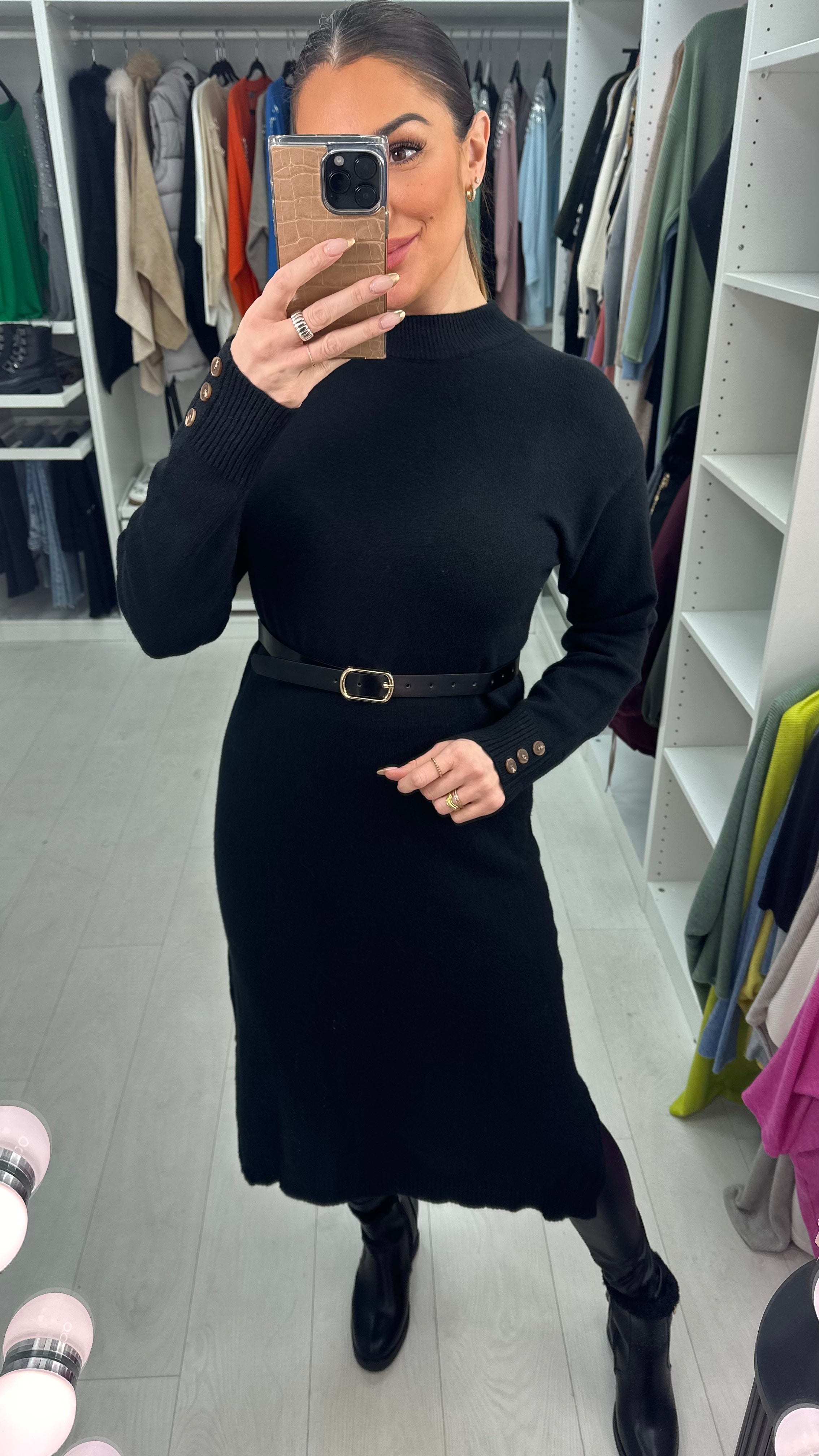 Tamara Plain Faux Leather Belt Jumper Dress