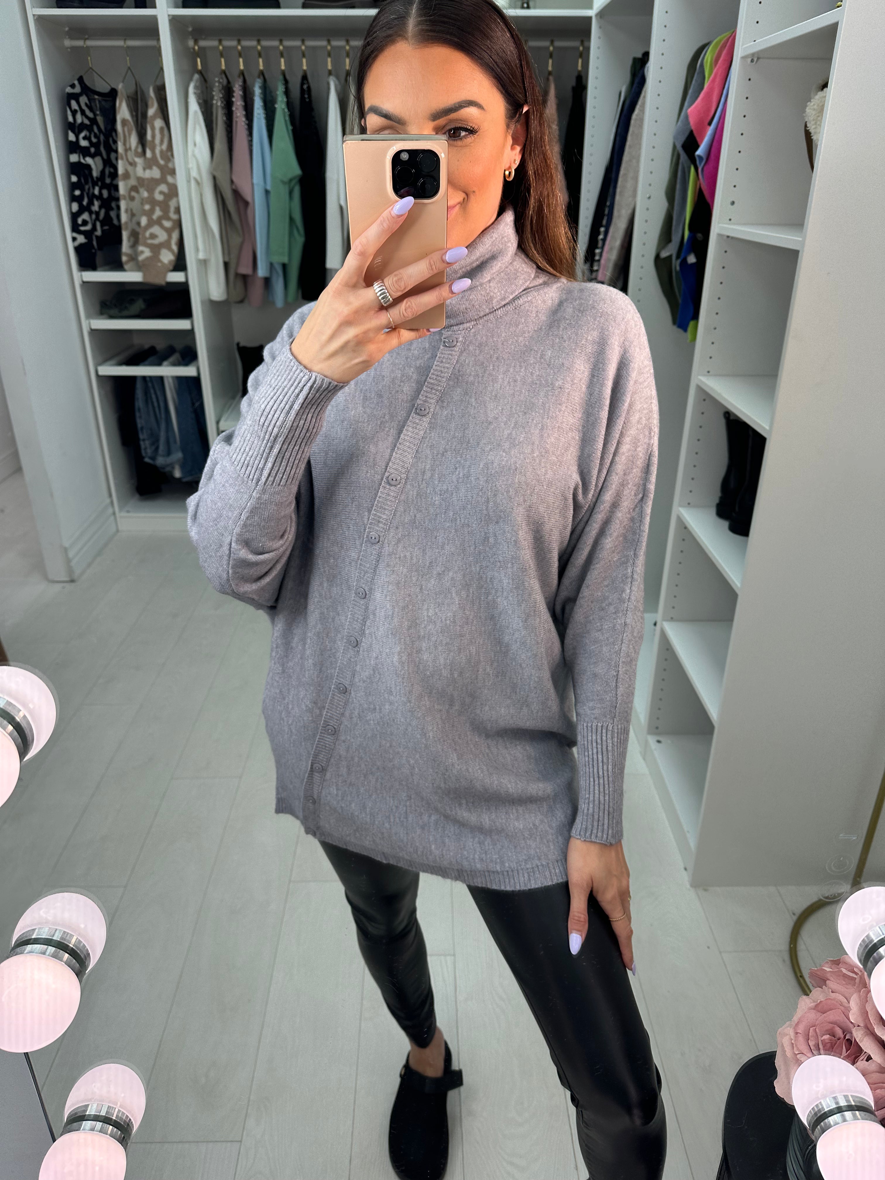 Selda Asymmetric Button Detailed Roll Neck Knit Jumper
