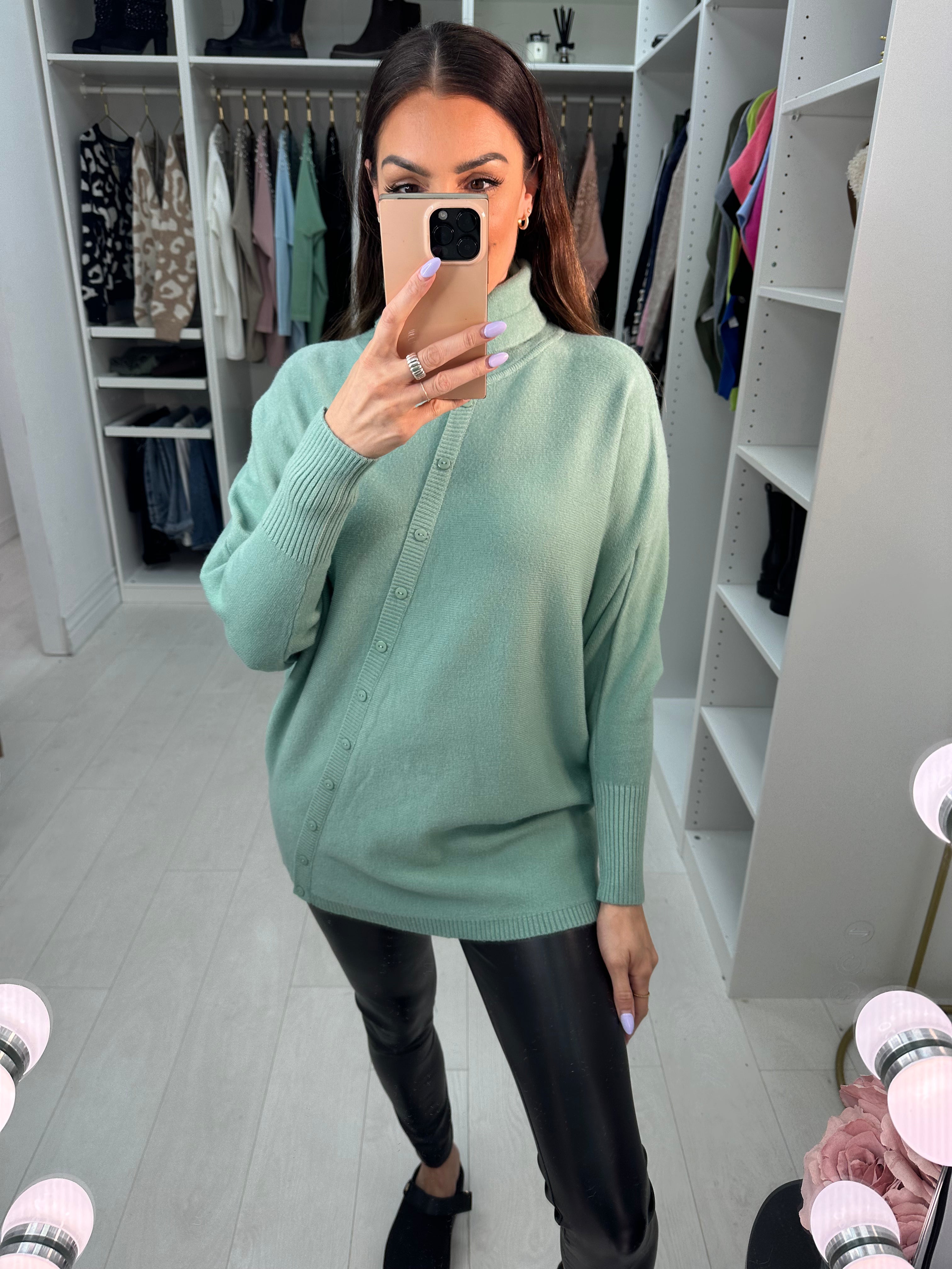 Selda Asymmetric Button Detailed Roll Neck Knit Jumper