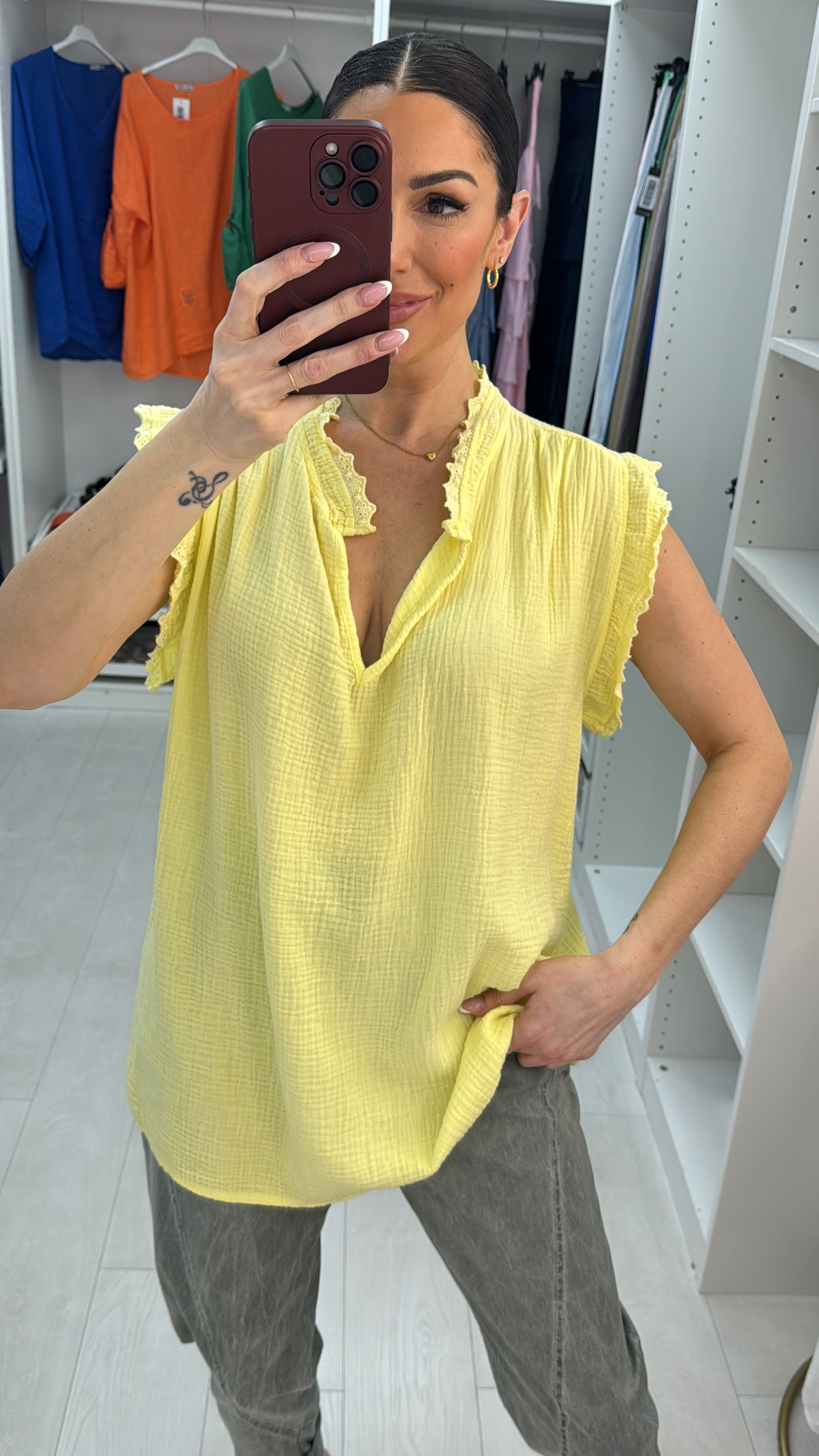 Nadiene Plain V Neck Cheesecloth Top
