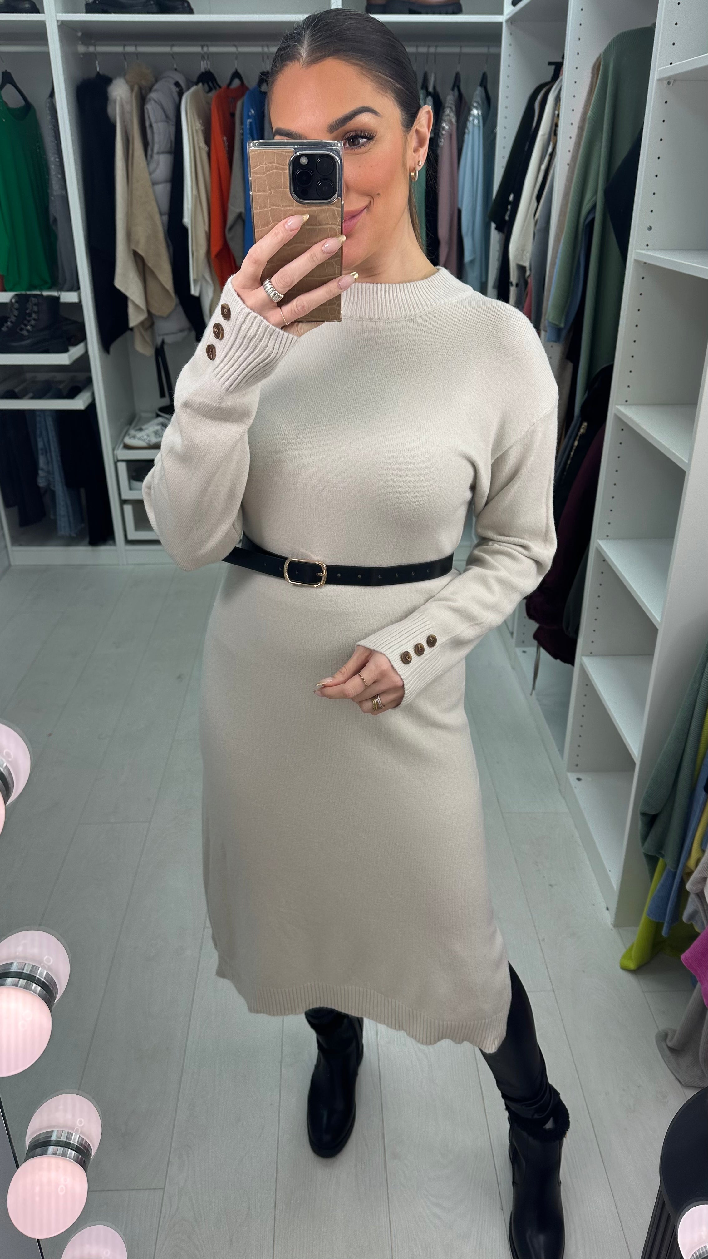 Tamara Plain Faux Leather Belt Jumper Dress