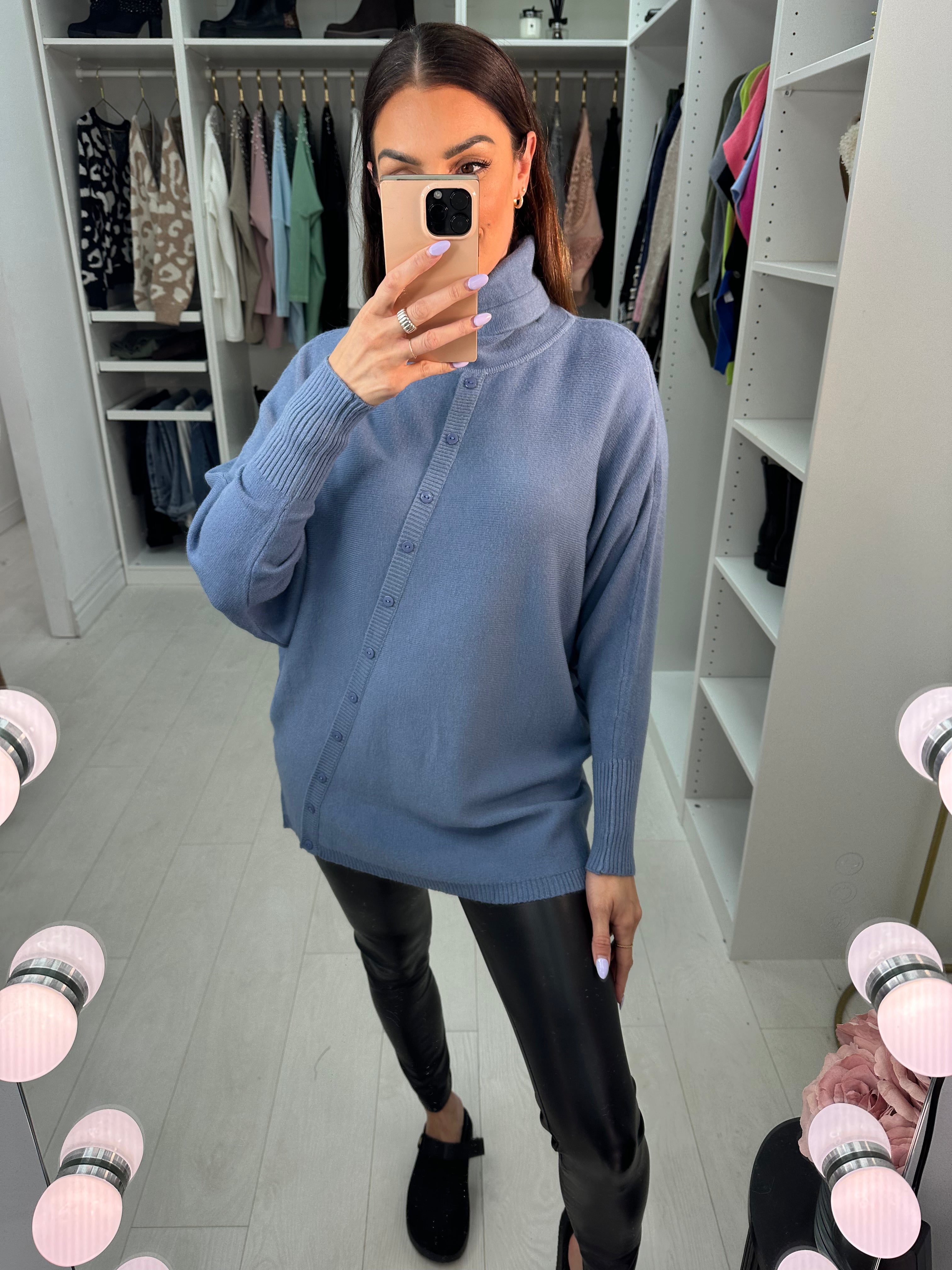 Selda Asymmetric Button Detailed Roll Neck Knit Jumper