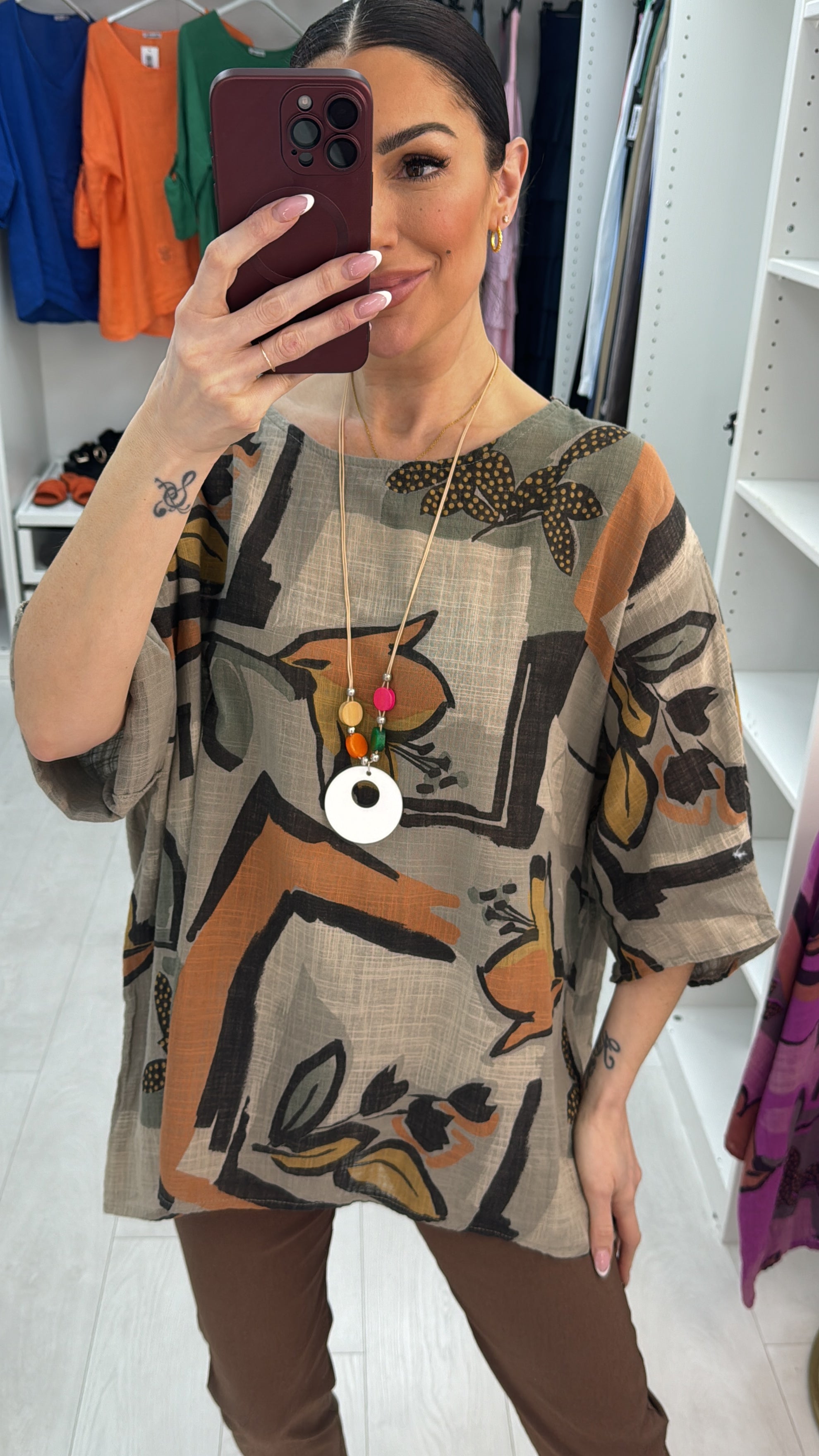 Sharlie Abstract Print Loose Fit Necklace Top