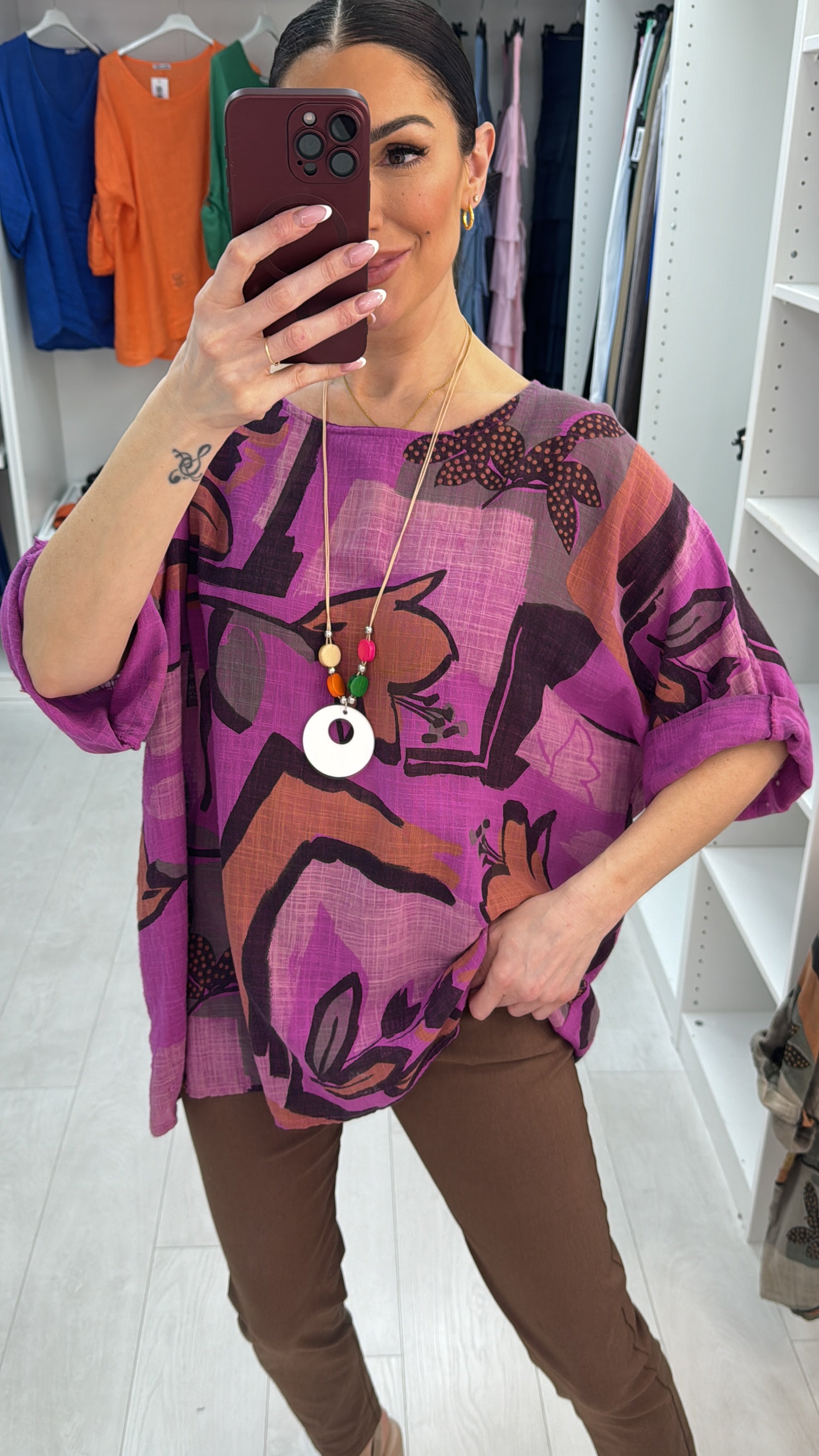 Sharlie Abstract Print Loose Fit Necklace Top