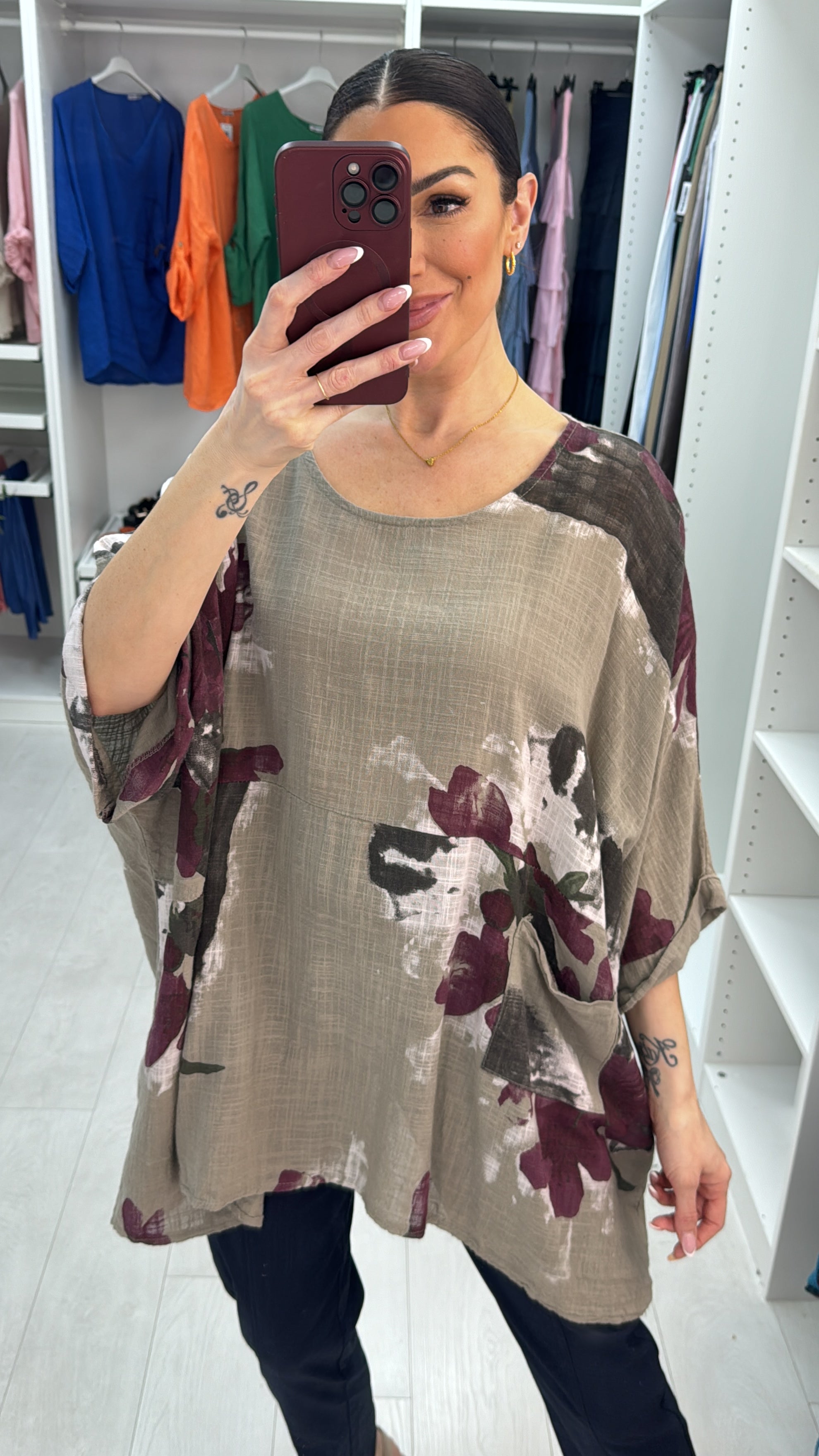 Milana Floral Pattern Front Pocket Oversized Top