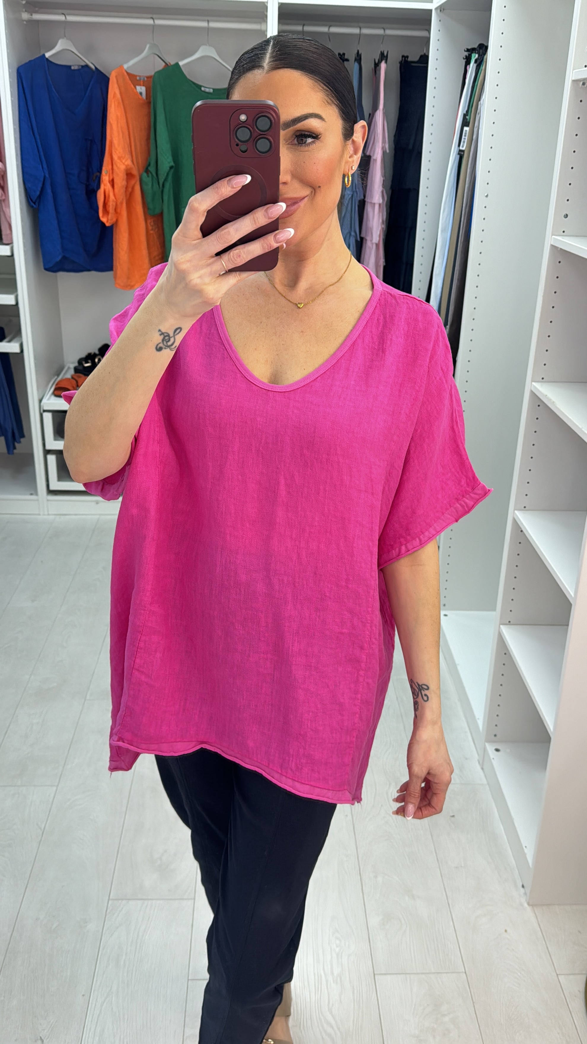 Claire Plain Linen V Neck Loose Fit Top