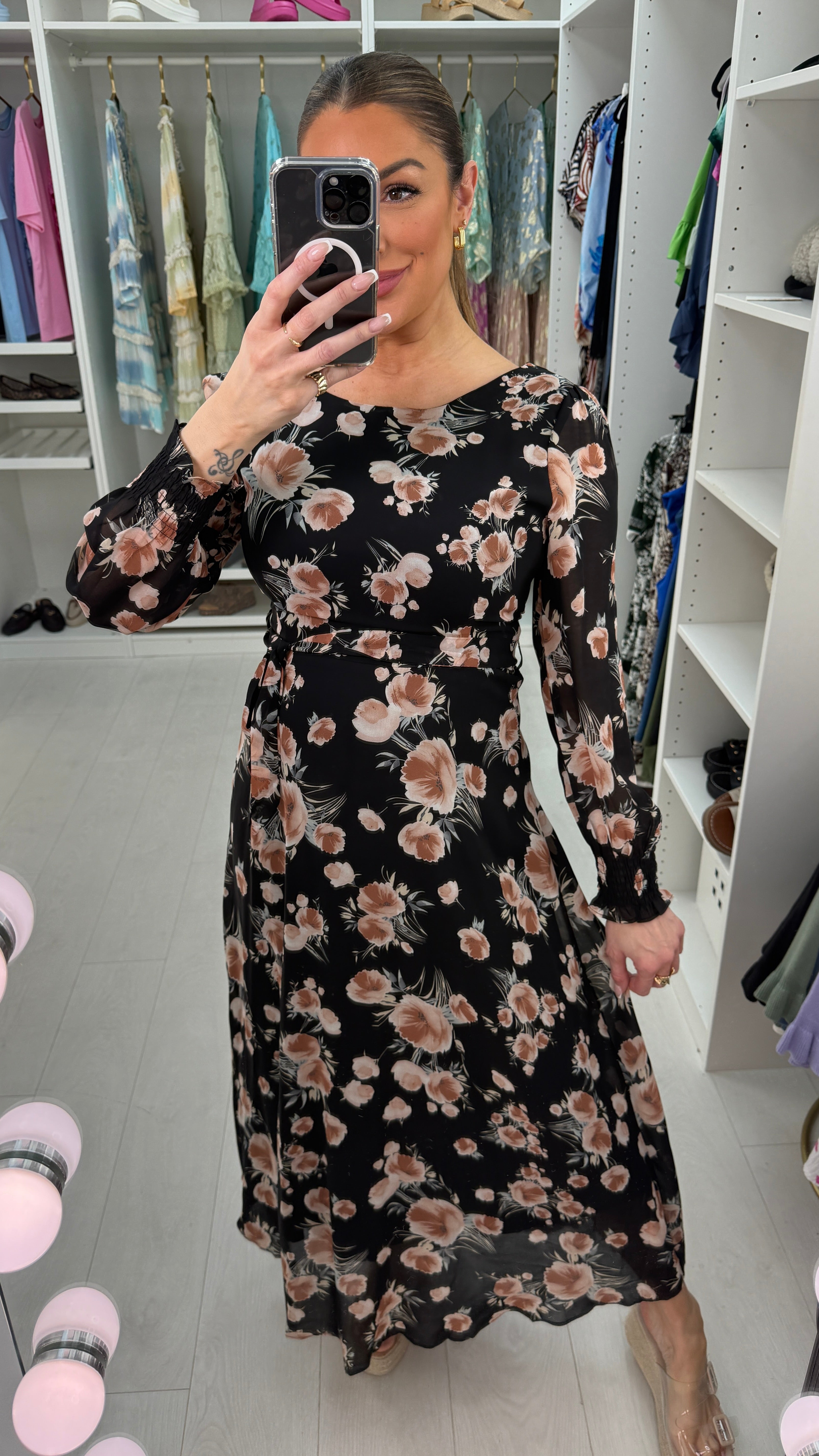 Howard Black Floral Tie Waist Floaty Maxi Dress