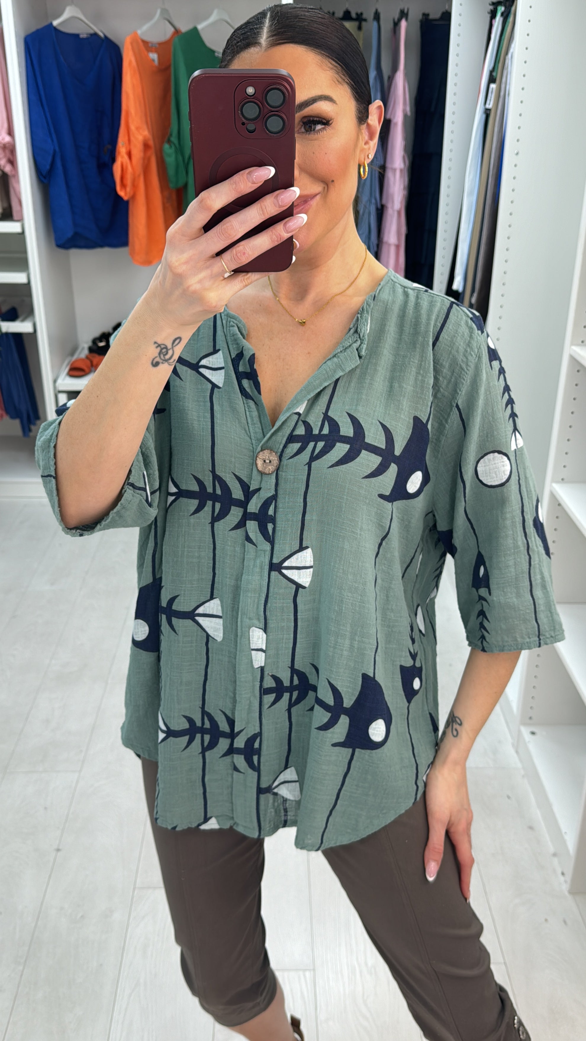 Jenna Button Detailed V Neck Loose Fit Top