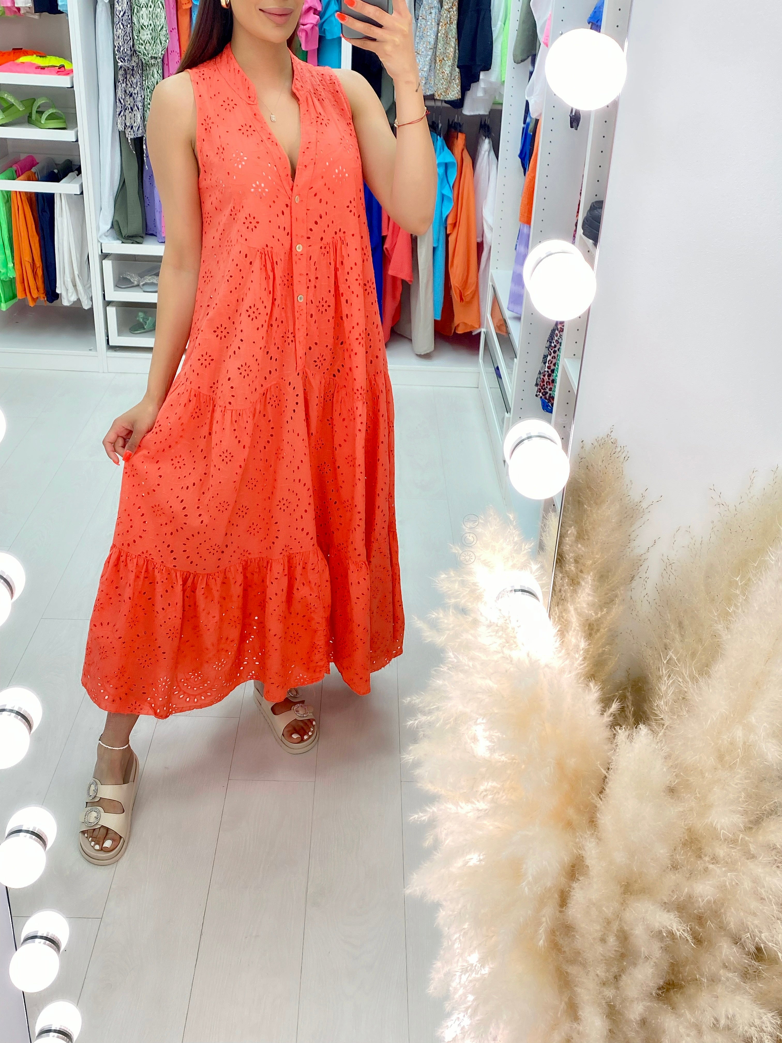 Nessie Sleeveless Broderie Tiered Hem Smock Maxi Dress