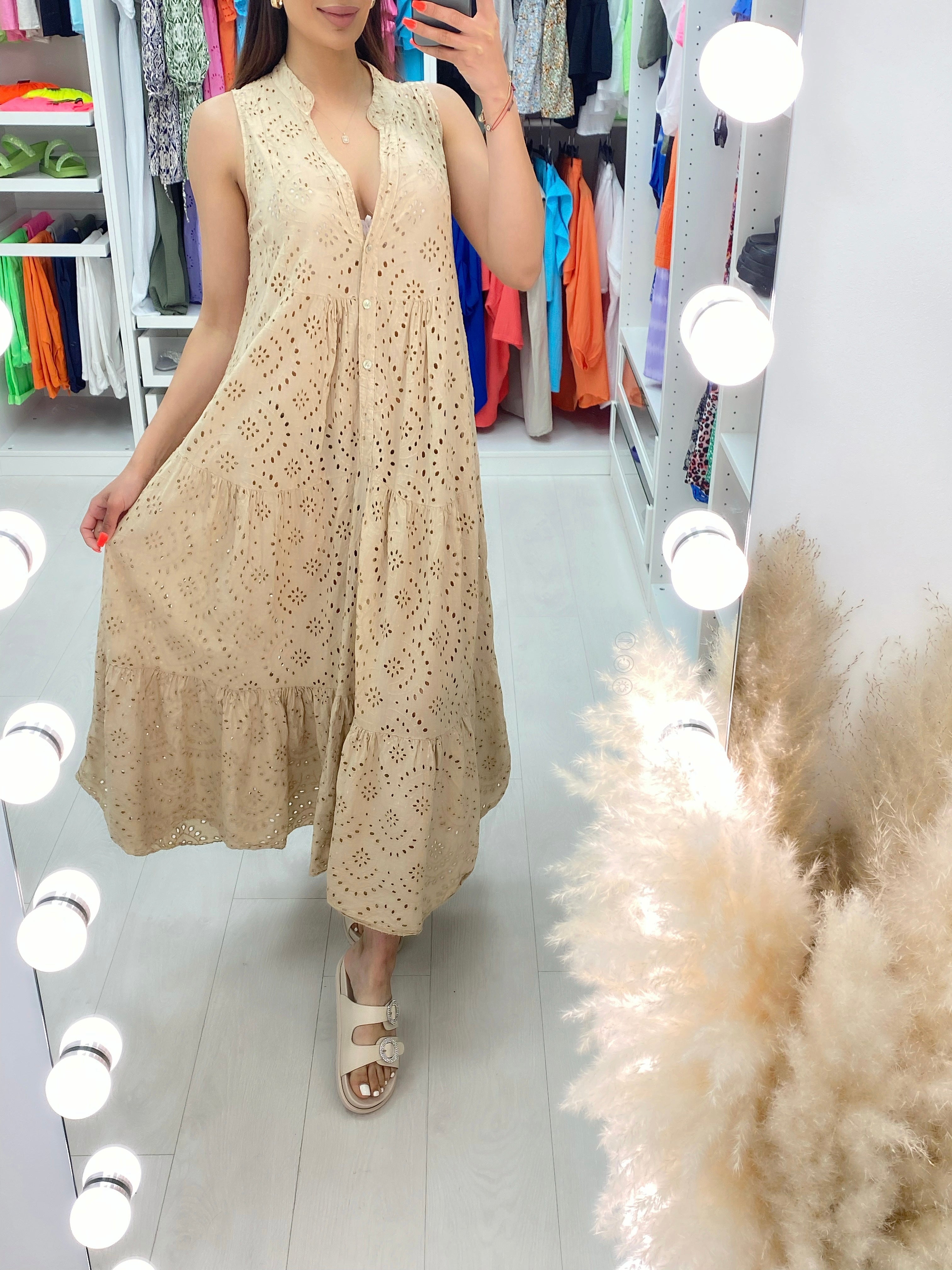 Nessie Sleeveless Broderie Tiered Hem Smock Maxi Dress