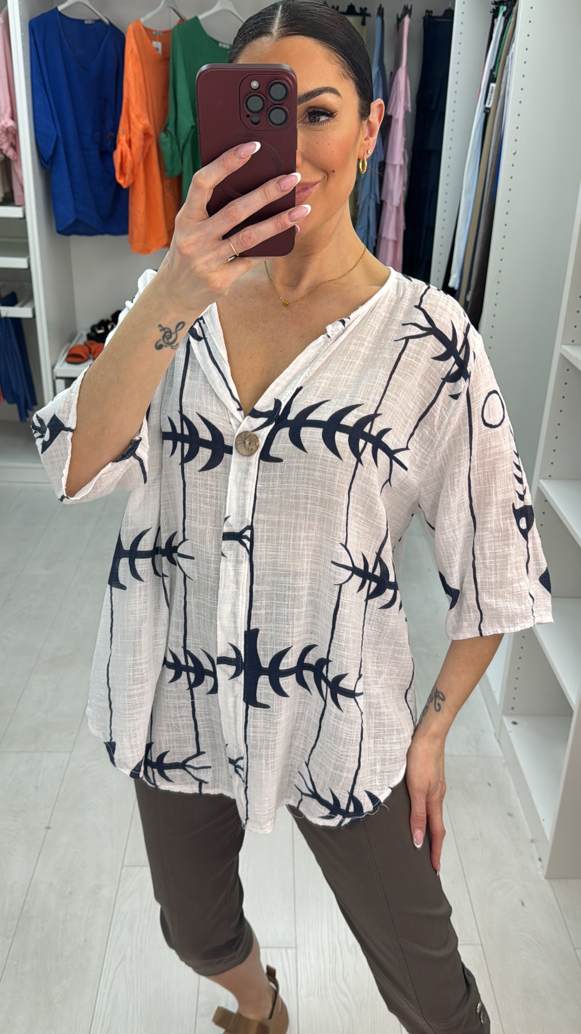 Jenna Button Detailed V Neck Loose Fit Top