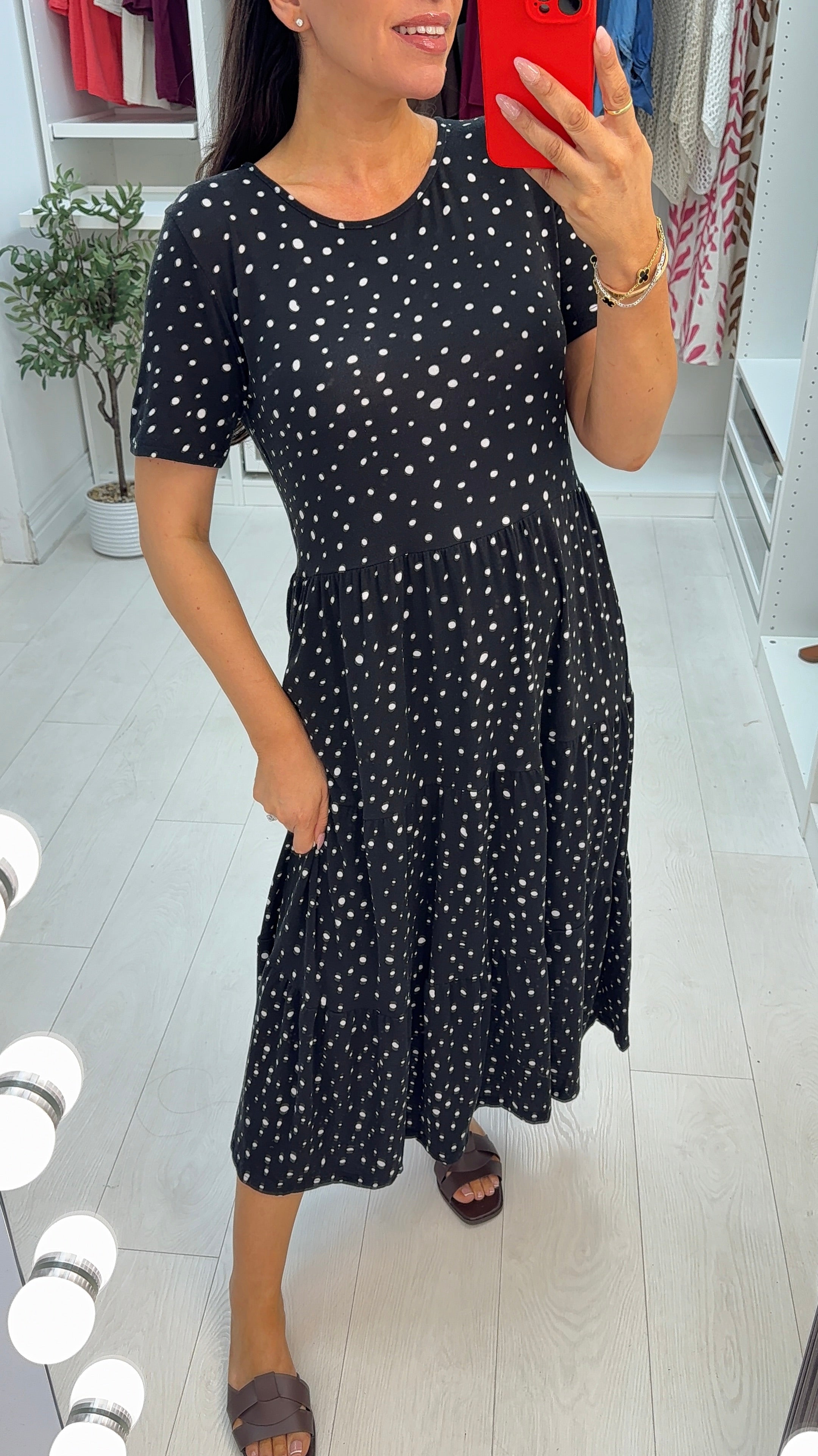 Ozara Polka Dot Loose Fit Smock Dress