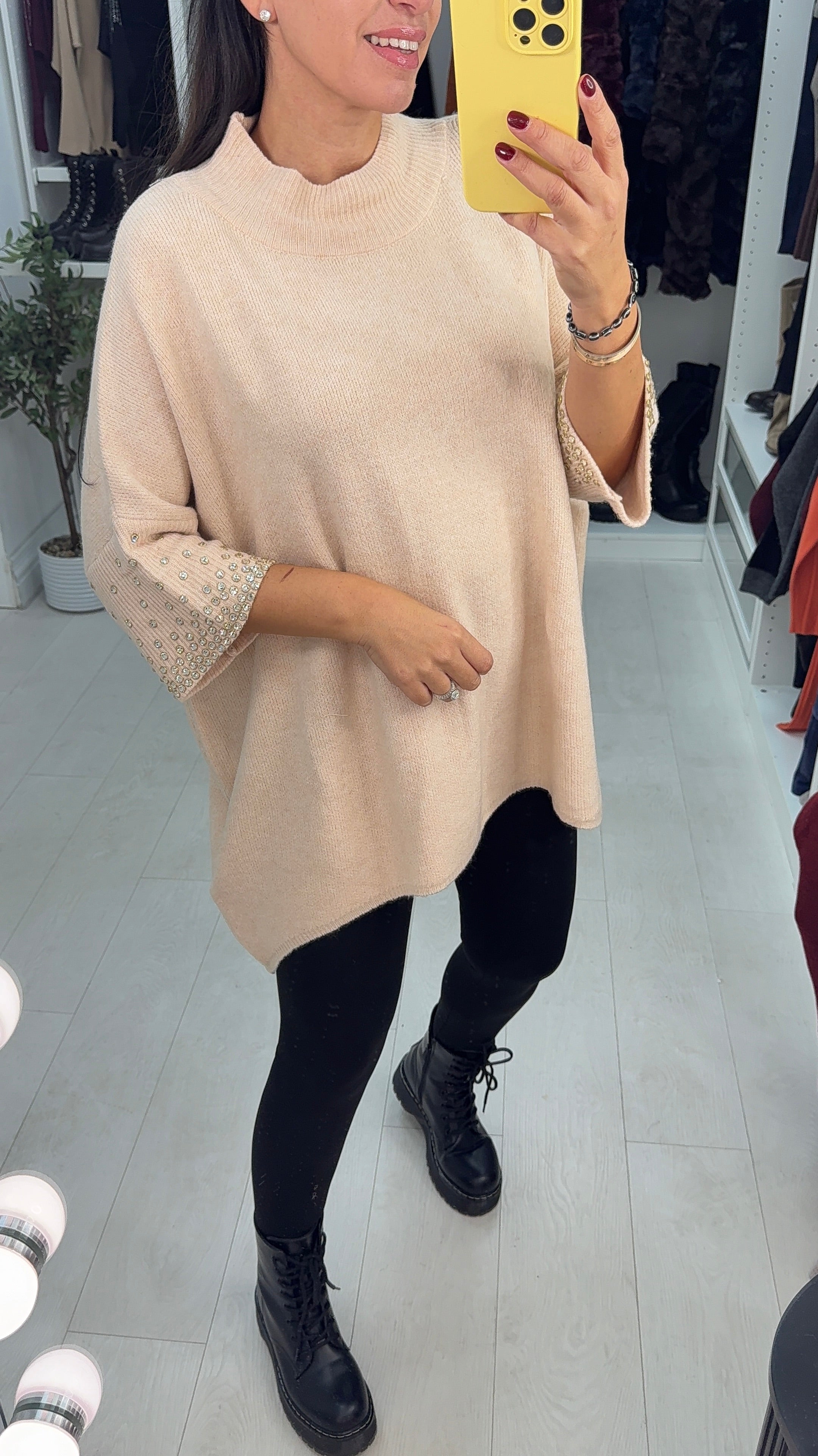 Priscella Plain Diamante Embellished Loose Fit Jumper