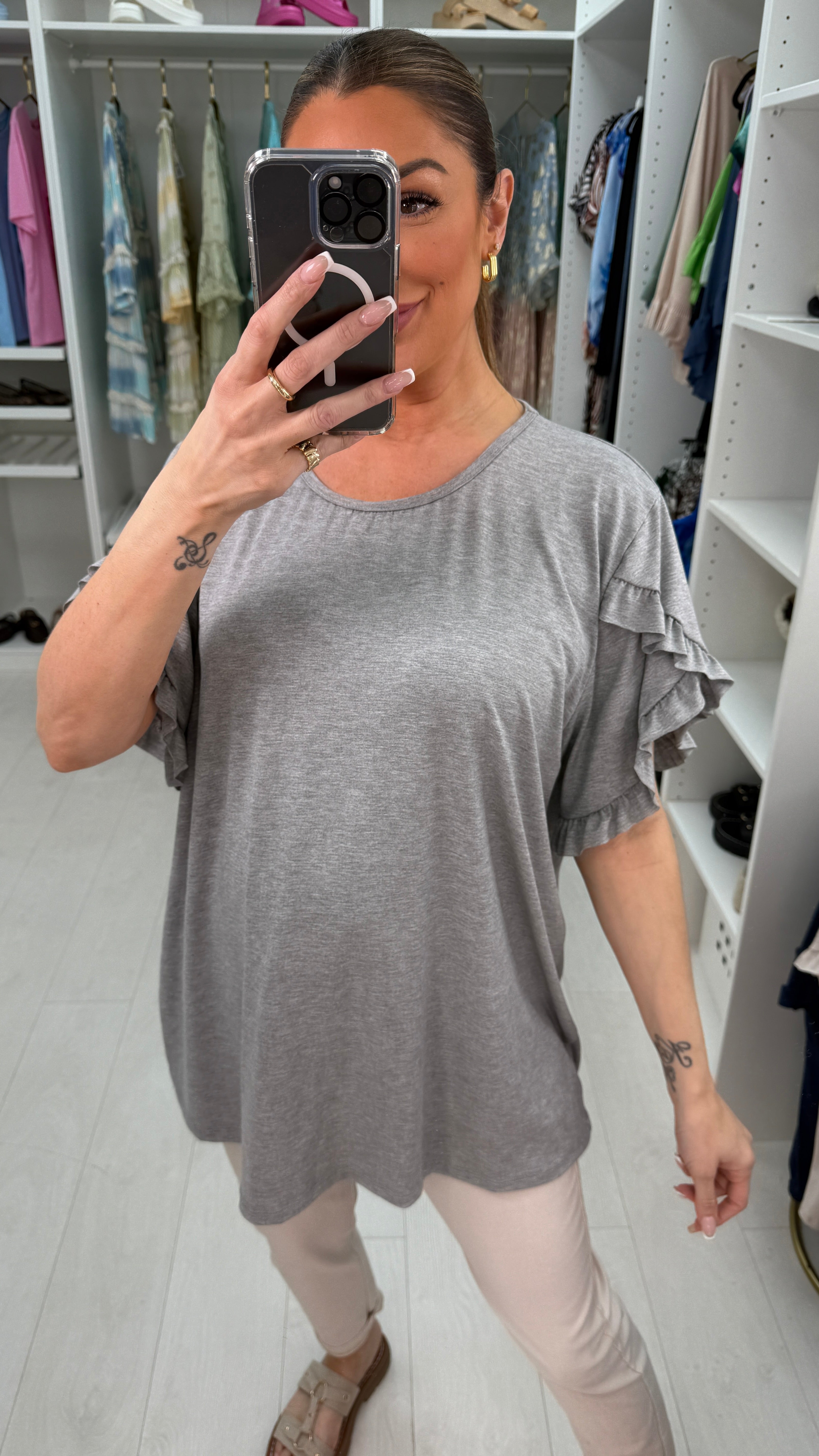 Gwenyth Plain Frill Sleeve Detailed Loose Fit T-Shirt