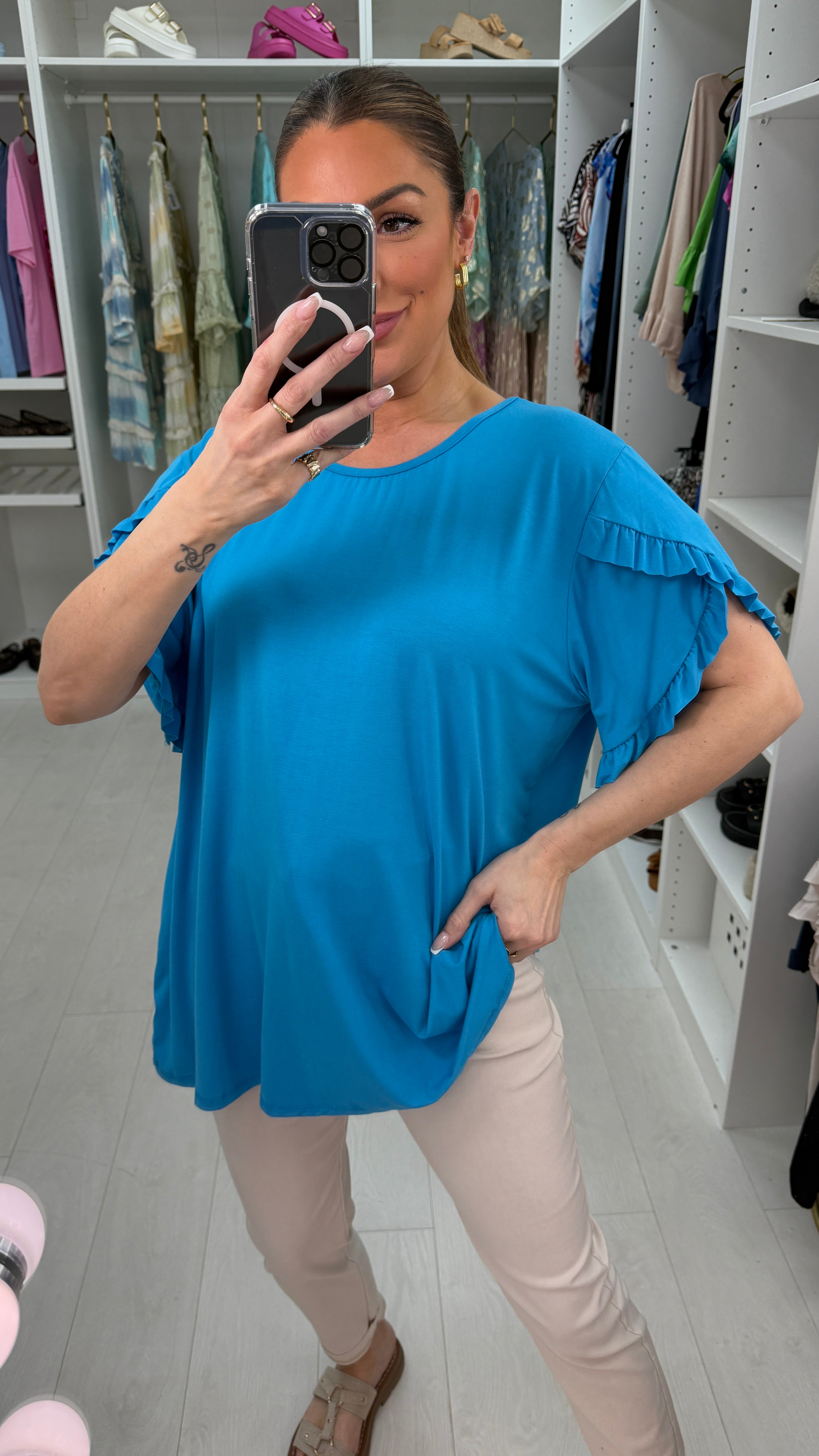 Gwenyth Plain Frill Sleeve Detailed Loose Fit T-Shirt