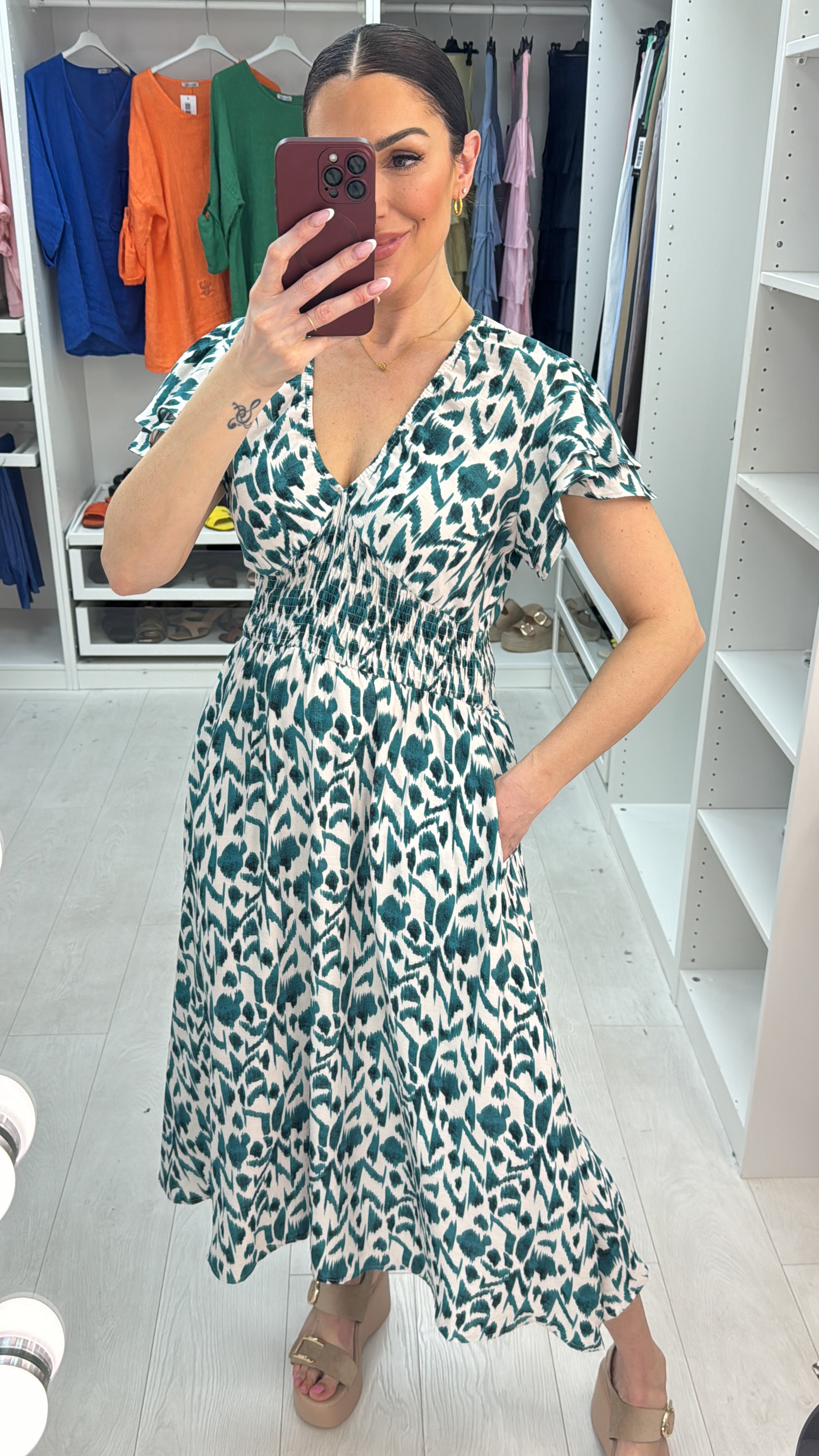 Esmeralda Abstract Print Shirred Waist Midi Dress