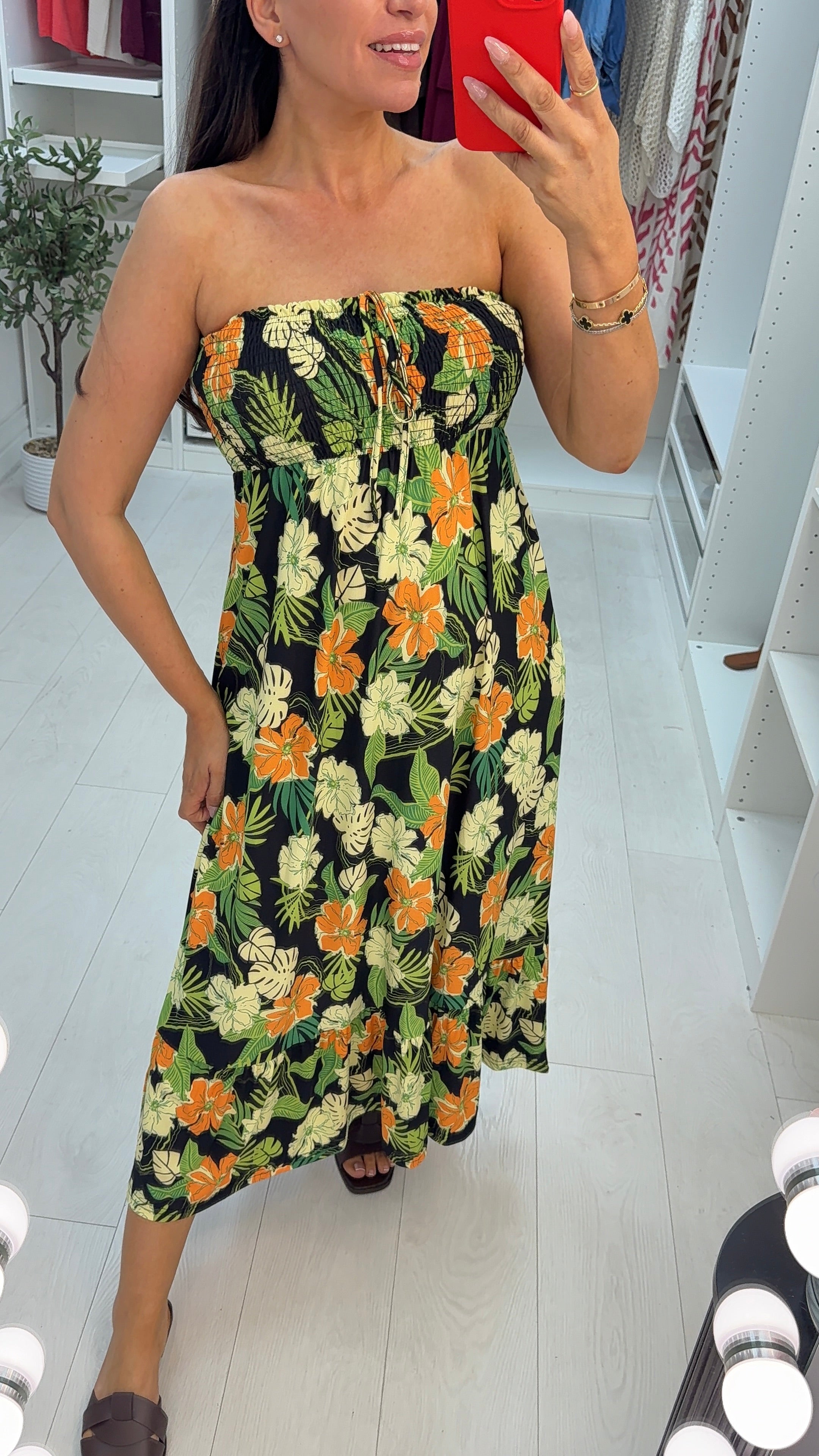 Senima Floral Print Tie Neck Midi Dress