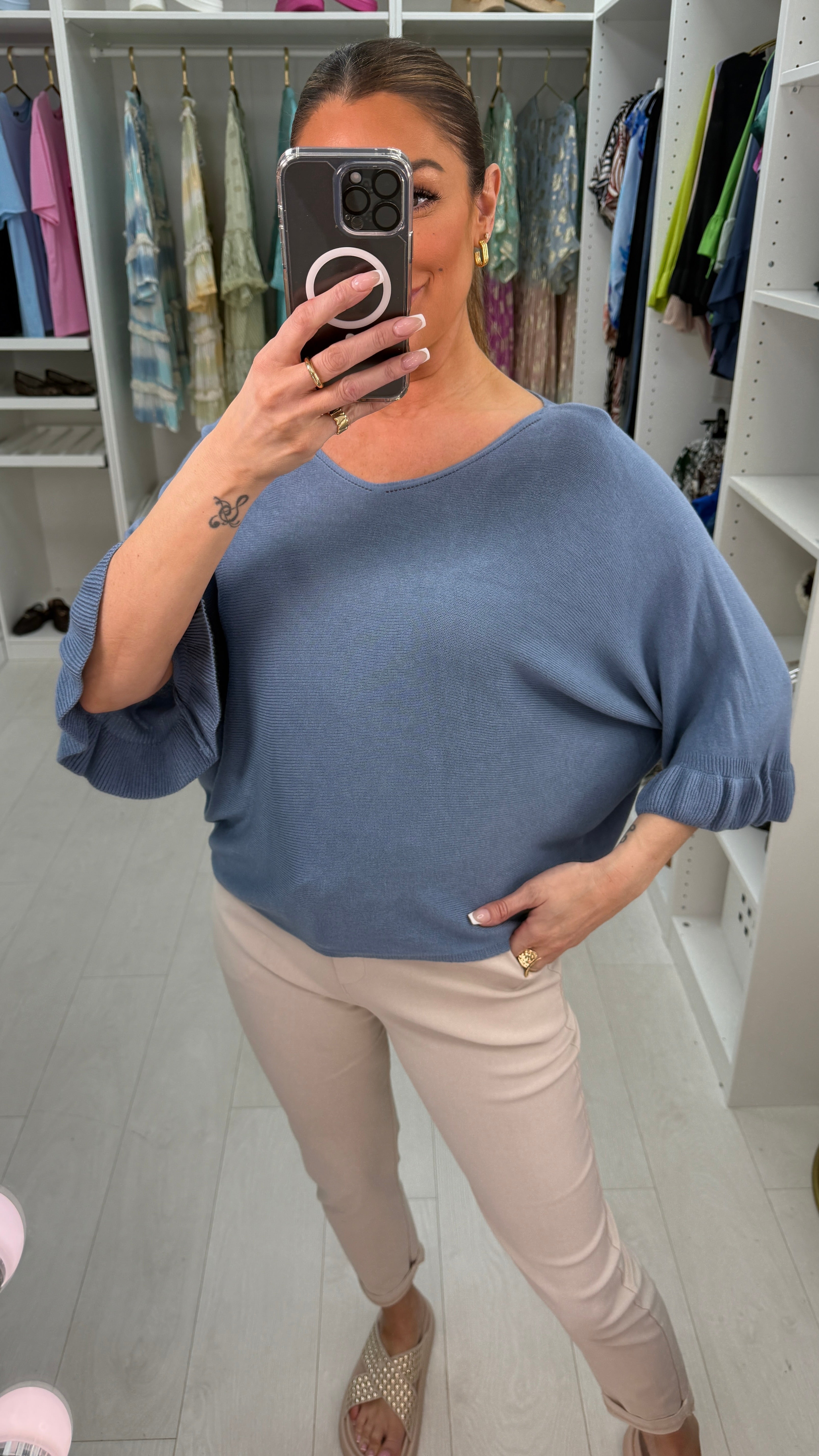 Kathy Plain Frill Sleeve Thin Knit Loose Fit Top