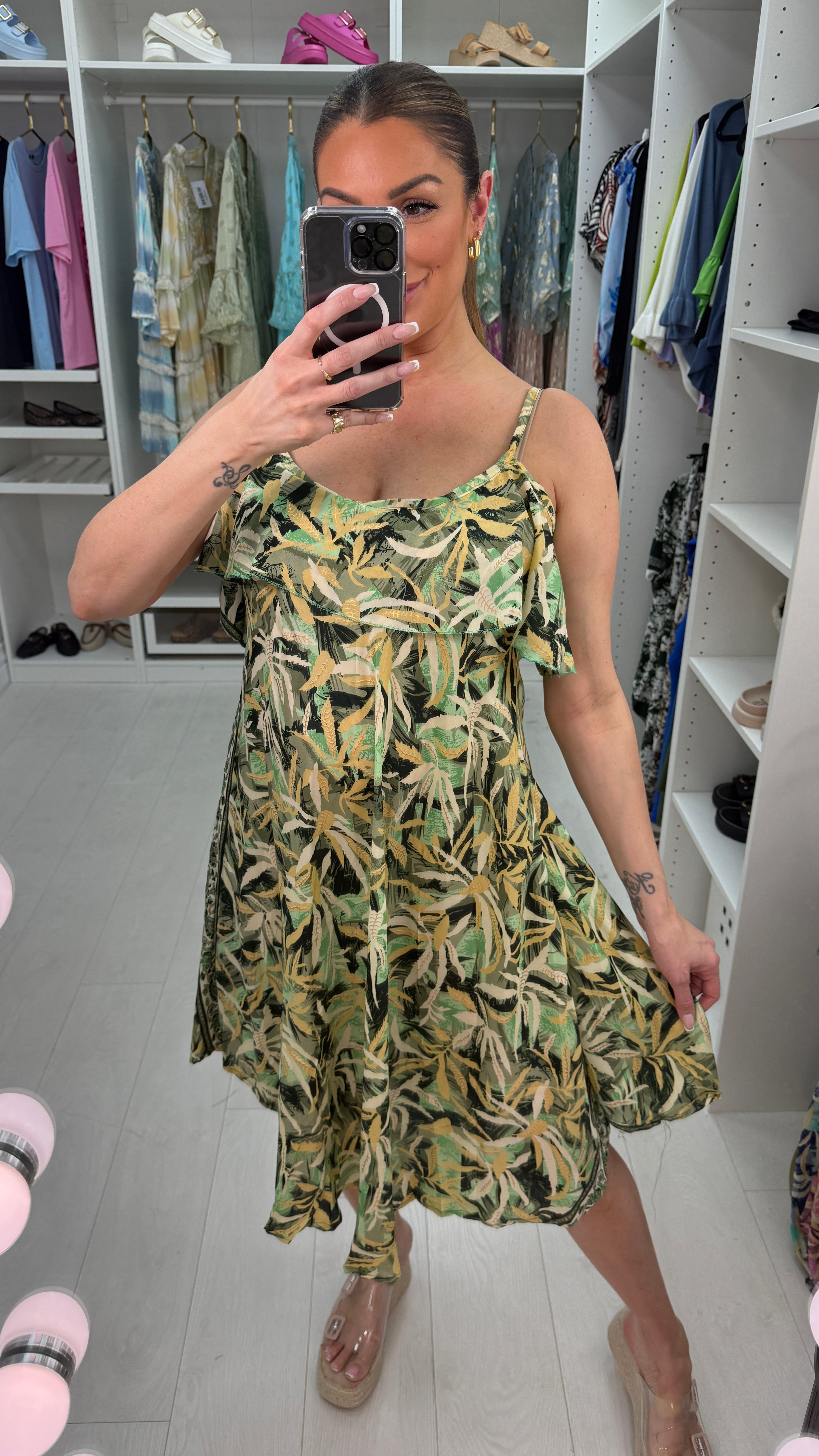 Kris Leaf Print Drop shoulder Loose Fit Dress
